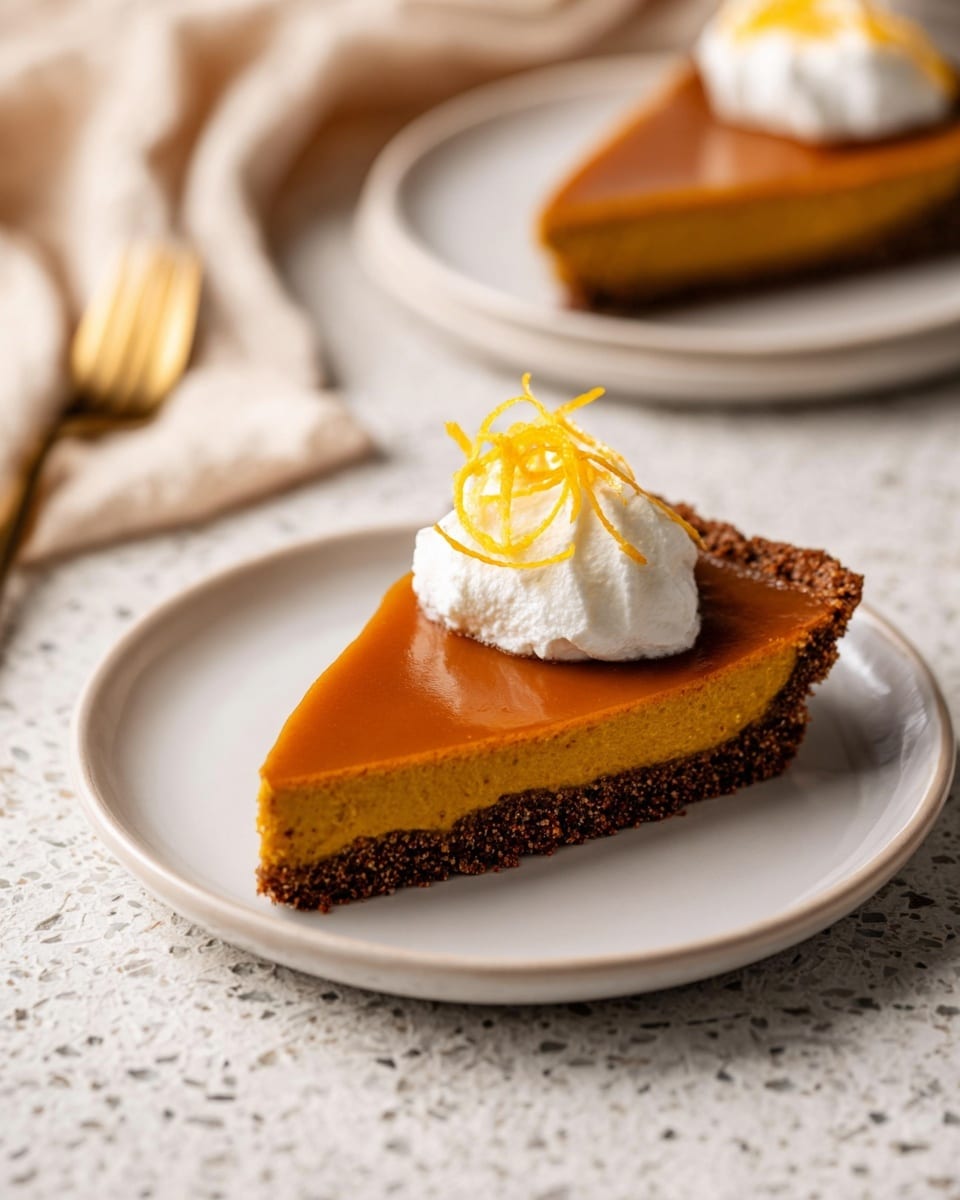 A single slice of pumpkin pie with three visible layers sits centered on a white plate over a white marbled surface: the bottom layer is a dark brown crumbly crust, the middle layer is smooth and bright orange pumpkin filling, and the top layer is a glossy darker orange finish; on top of the slice is a dollop of white whipped cream with two thin, curled strips of orange zest placed on it. Another slice of pie with whipped cream is blurred in the background on another white plate, a beige cloth and gold fork are partially visible to the left. photo taken with an iphone --ar 4:5 --v 7