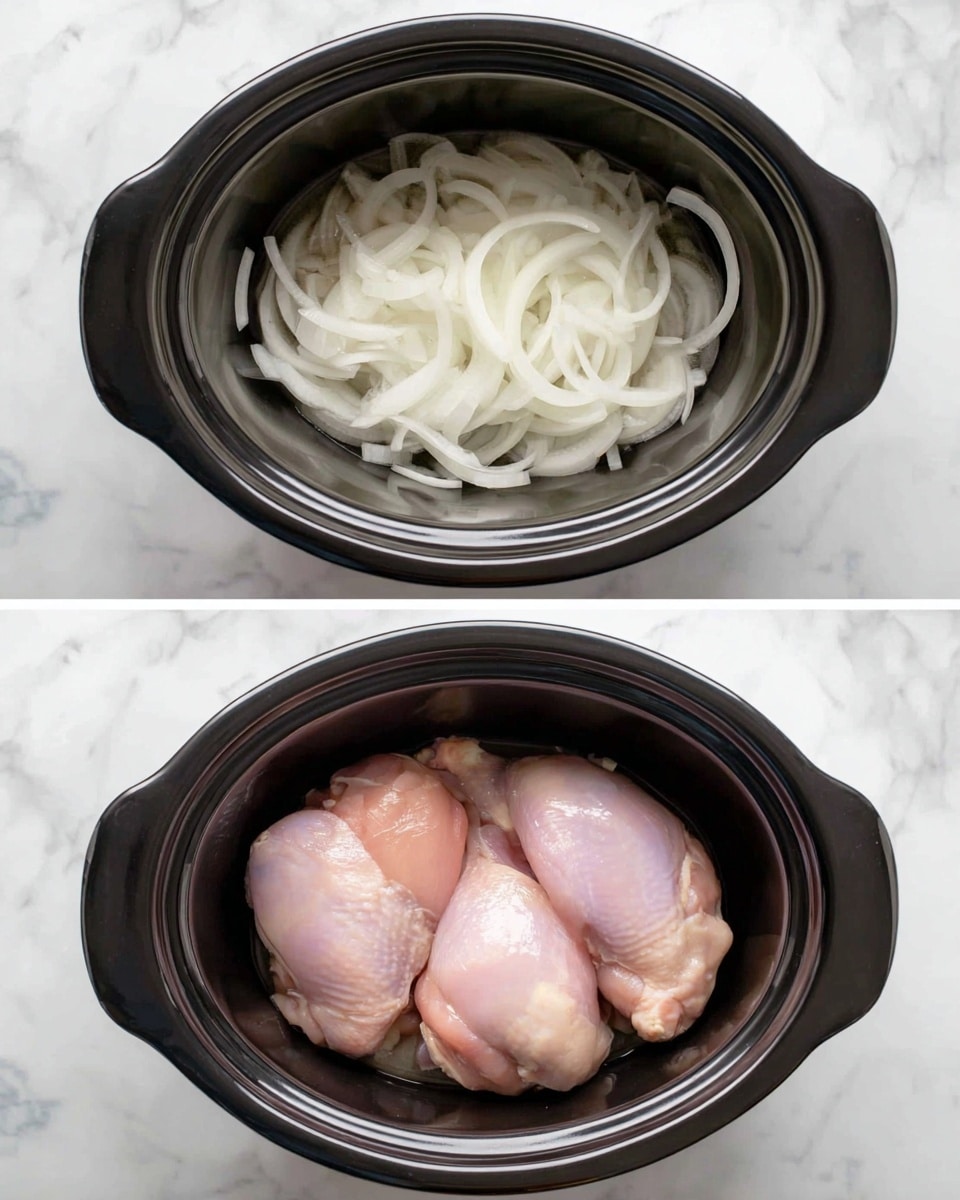 Two images show a black slow cooker pot on a white marbled surface. The first image has thin white onion slices spread in one thin layer at the bottom. The second image shows three raw pink chicken pieces placed on top of the onion layer, covering most of it with smooth, shiny skin. Photo taken with an iphone --ar 4:5 --v 7