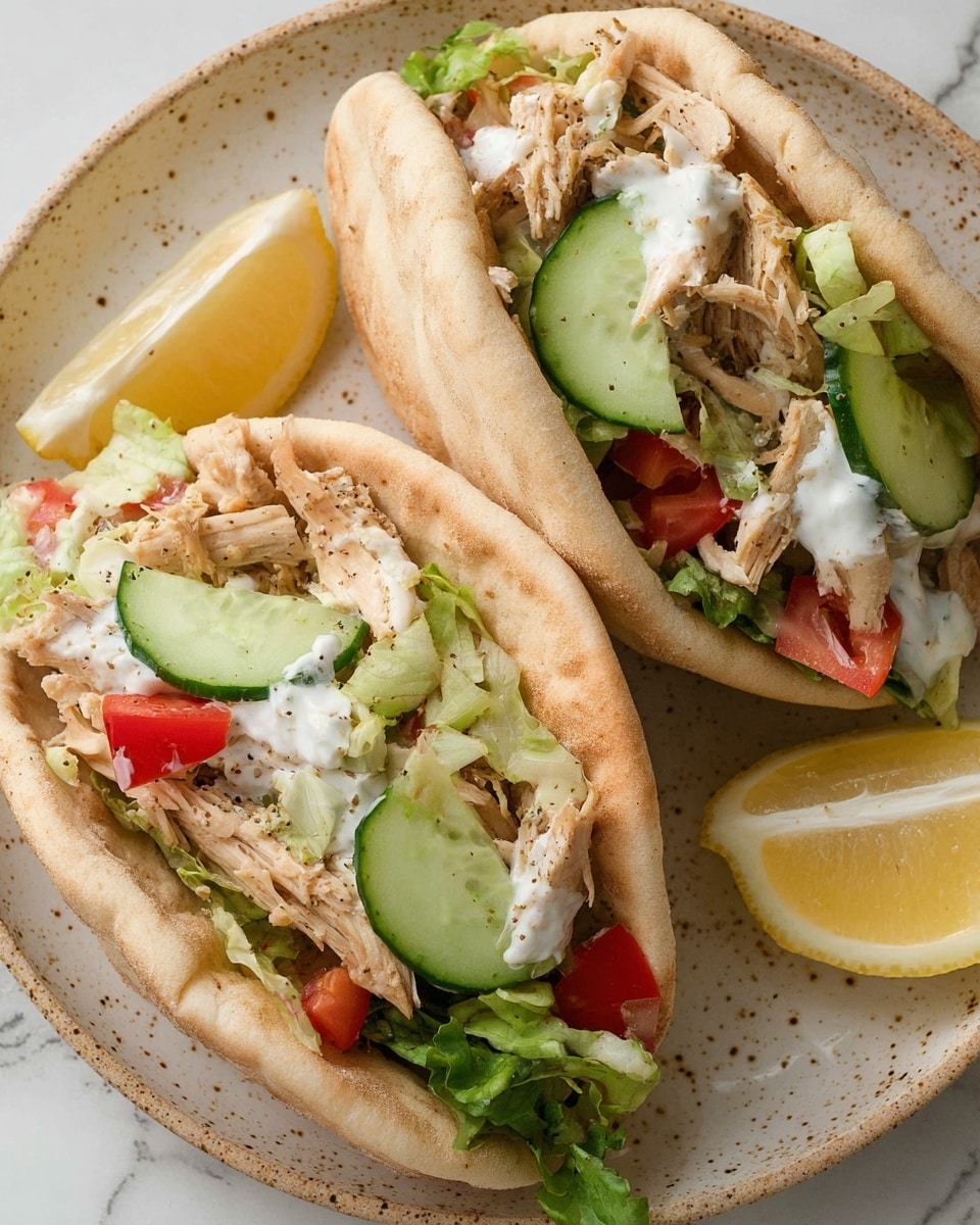 Two pita pockets sit on a white plate with speckled texture, each filled with shredded light brown chicken on the bottom layer, followed by chopped green lettuce and red tomato pieces. Slices of green cucumber are placed on top, with dollops of white creamy sauce spread inside the pita pockets. A slice of bright yellow lemon rests on the side of the plate. The pita bread has a light brown, slightly toasted texture, and the background is a white marbled surface. Photo taken with an iphone --ar 4:5 --v 7