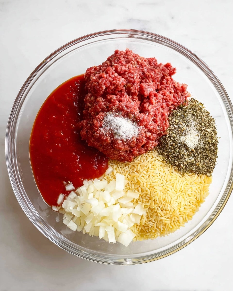 A clear bowl on a white marbled surface holds six ingredients arranged in separate sections: bright red tomato sauce on the left, a mound of raw red ground meat next to it, a pile of uncooked yellow rice on the right, finely chopped white onions below the meat, a small heap of dried green and brown herbs near the onions, and a cluster of white salt and pepper above the herbs, all forming a colorful mix of textures and shapes. photo taken with an iphone --ar 4:5 --v 7
