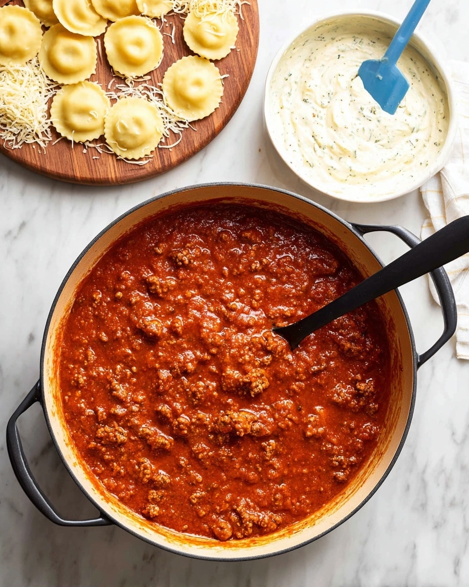 A large round black-handled pot filled with thick red meat sauce containing small meat chunks, sitting on a white marbled surface with a black spoon resting inside the pot. To the top left, there is a wooden board with several pale yellow round ravioli and some shredded white cheese. To the top right, there is a white bowl with creamy white sauce speckled with herbs, and a blue spatula resting inside. Photo taken with an iphone --ar 4:5 --v 7