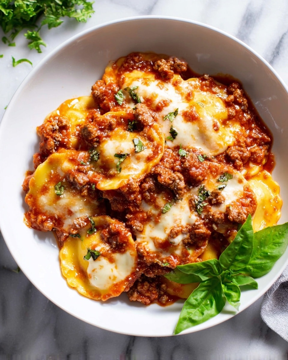 A white bowl filled with a layered dish of round ravioli pasta covered in a thick red tomato sauce mixed with pieces of brown ground meat. The ravioli have a golden yellow color with slightly browned edges, and the sauce is topped with melted white cheese that looks soft and creamy. There is a small bunch of fresh green basil leaves placed on the side of the bowl. The background shows a white marbled surface with some green herbs partially visible at the top left corner. Photo taken with an iphone --ar 4:5 --v 7