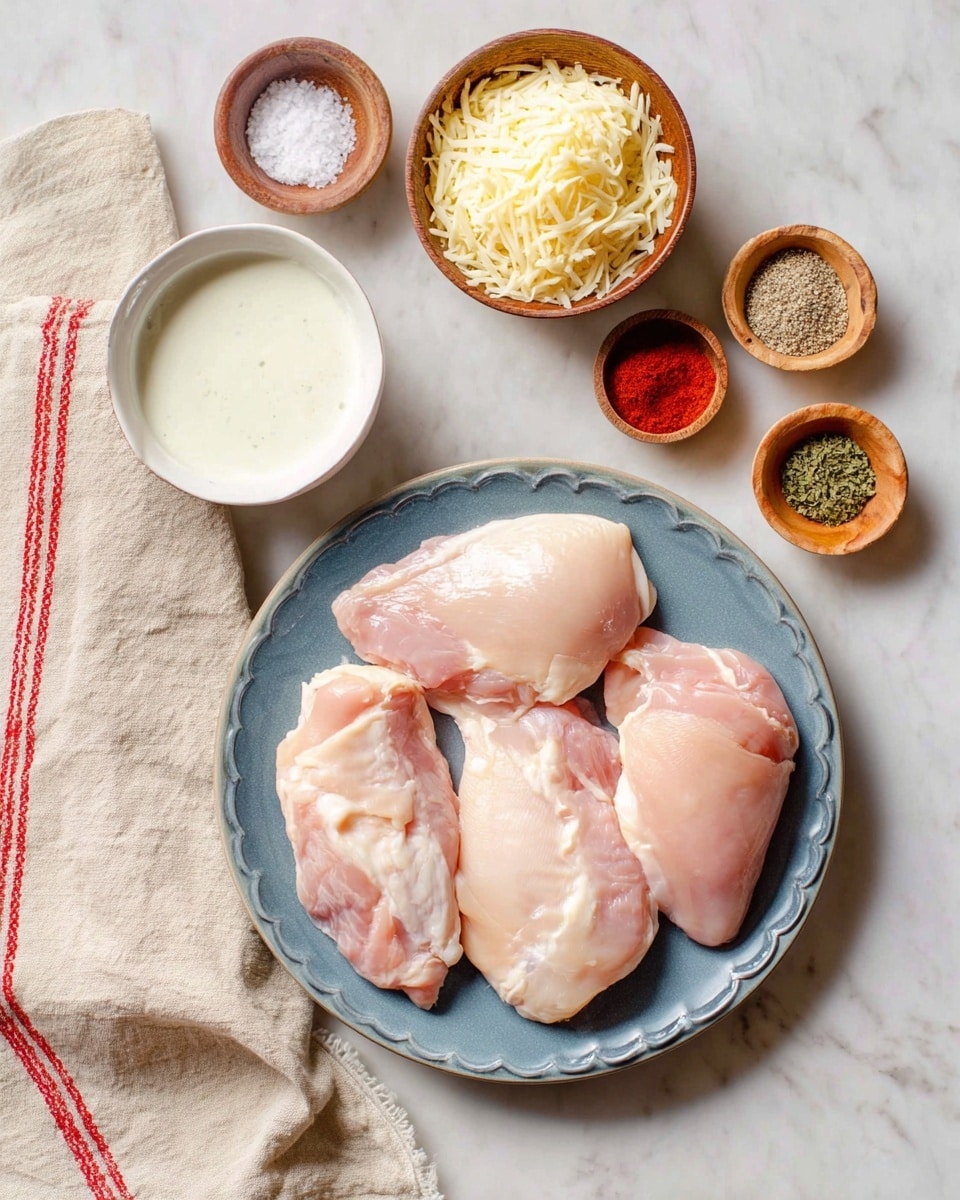 Four raw, pale pink chicken pieces are placed on a round blue plate with a scalloped edge in the center of a white marbled surface. Around the plate, there are small white bowls containing a white creamy sauce, a white liquid, and shredded pale yellow cheese. Small wooden bowls hold red, green, and beige spices, while a small white dish with coarse white salt and black pepper sits to the upper left. A beige cloth with red stripes lies partially on the left side. Photo taken with an iphone --ar 4:5 --v 7