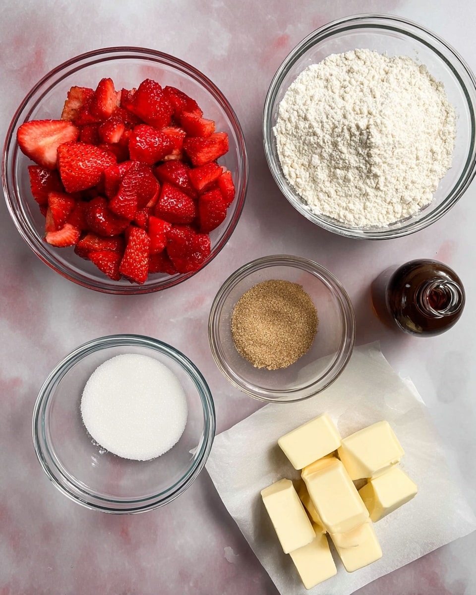 The image shows six ingredients placed on a white marbled surface. At the top left, there is a clear glass bowl filled with bright red, chopped strawberries. Below it, there is another clear glass bowl filled with fine white flour. To the right of the flour, there is a small clear glass bowl with light brown sugar, and below that is a smaller clear glass bowl containing white granulated sugar. Further right, there is a partially unwrapped stick of butter, cut into several chunks, sitting on white paper. At the top right, there is a small dark brown bottle, likely vanilla extract. The ingredients are well spaced and clearly visible. photo taken with an iphone --ar 4:5 --v 7