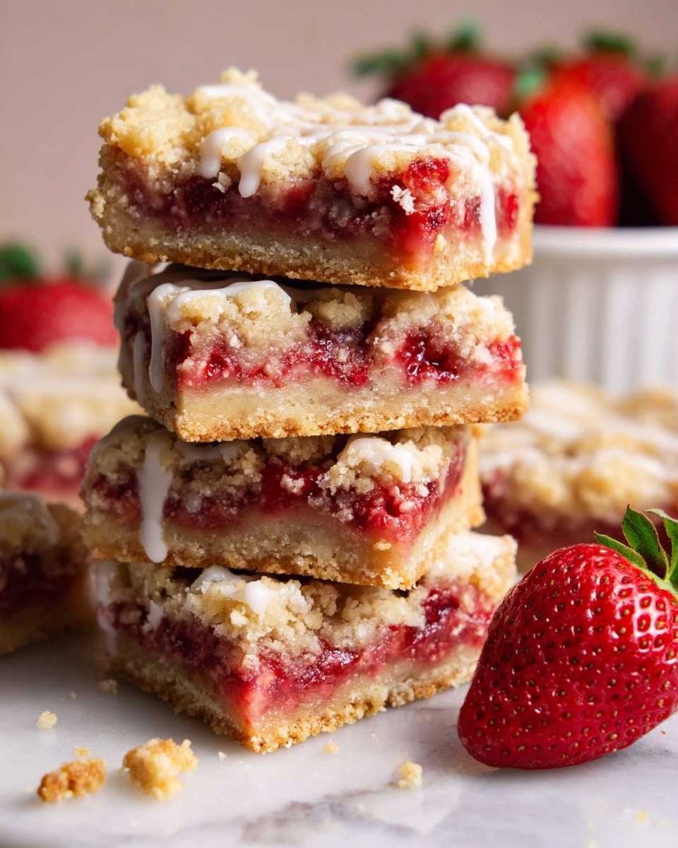 The image shows a stack of six strawberry crumb bars arranged closely on a white marbled surface. Each bar has three clear layers: the bottom is a firm, golden brown crumb crust, the middle is a thick, bright red strawberry filling with chunks of fruit, and the top is a rough, crumbly layer baked to a light golden color with a creamy glaze drizzled over it, adding a shiny texture. One bar is slightly lifted, showing the layers clearly, while a whole red strawberry lies beside the stack, and a white bowl filled with whole fresh strawberries is blurred in the background. Some crumbs are scattered around, adding a natural look. The photo taken with an iphone --ar 4:5 --v 7