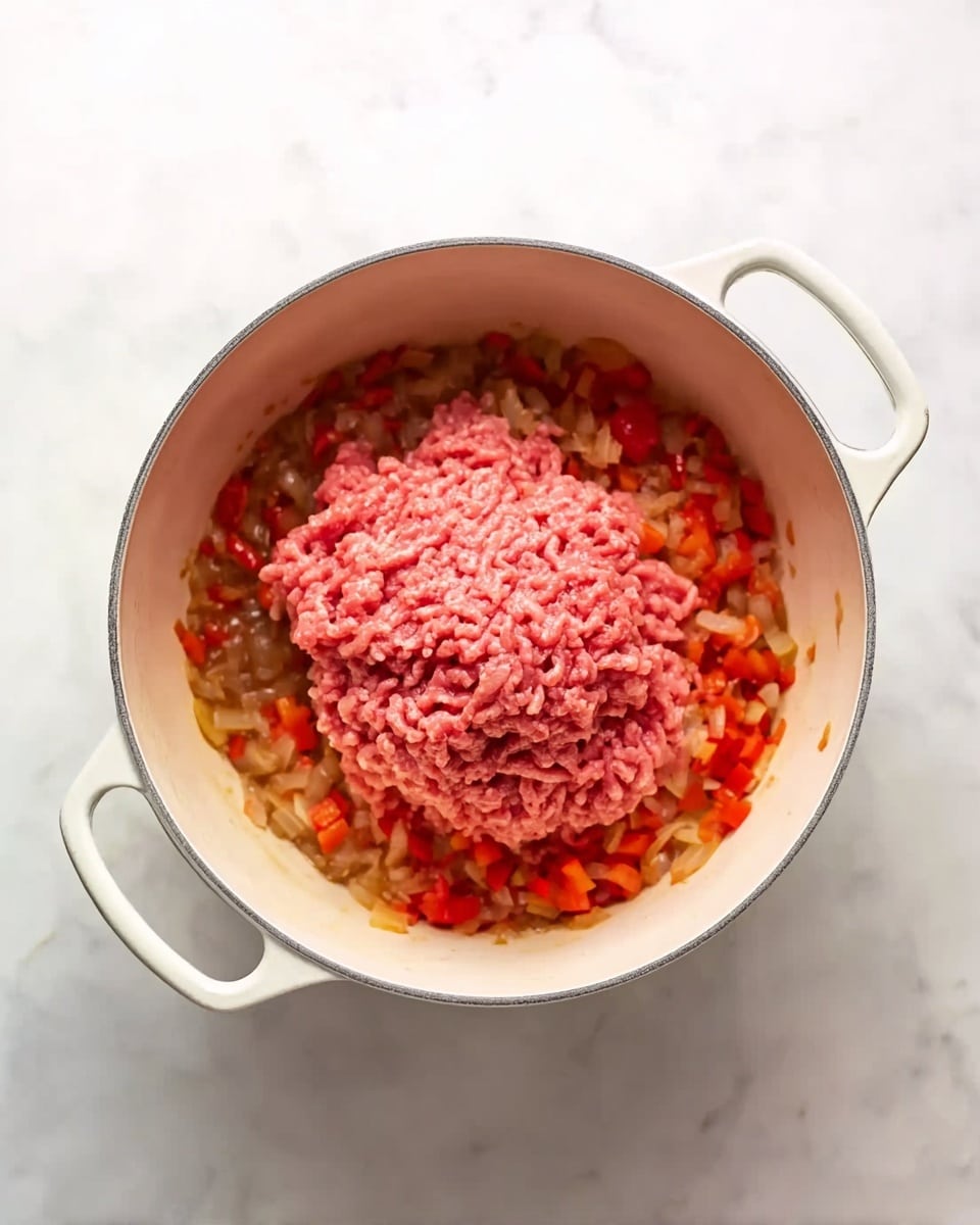A white pot with two side handles sits on a white marbled surface, filled with a base layer of small diced onions and red bell peppers sautéed in oil, showing a translucent and lightly browned texture. On top of this, there is a large mound of raw ground meat, pink and soft in texture, positioned right in the center of the pot. The mixture is clearly uncooked. The photo is bright and taken from above, showing a close-up view with clear details. photo taken with an iphone --ar 4:5 --v 7