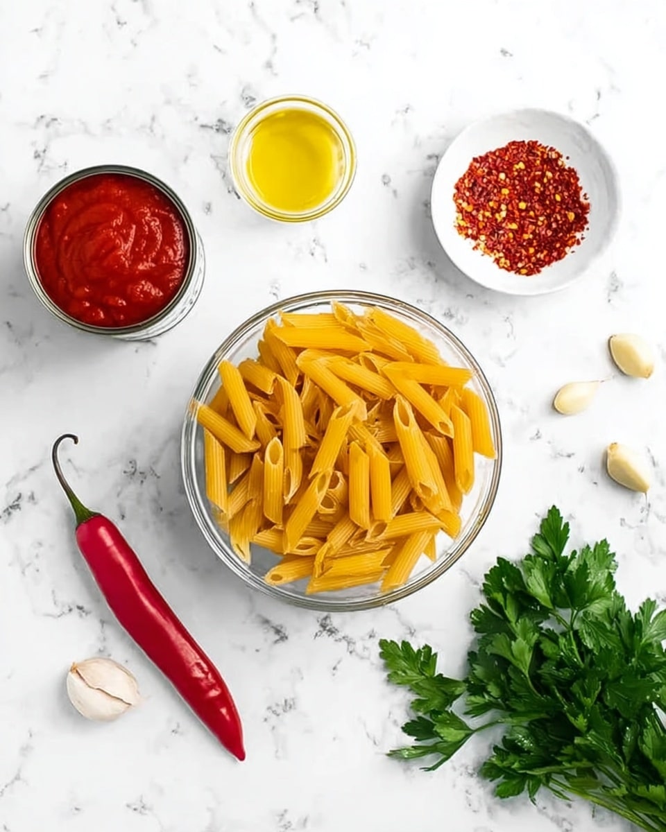 A clear glass bowl in the center holds uncooked yellow penne pasta, showing its smooth texture and hollow shape. To the left, two open cans filled with red tomato sauce sit on a white marbled surface, with a small round white bowl above them filled with red chili flakes. Above the chili flakes, a small clear bowl holds golden olive oil. To the right of the pasta bowl, a single bright red chili pepper lies on the marble with three cloves of garlic nearby. Below the chili and garlic, there is a bunch of fresh green parsley with leafy texture. The whole scene is set on a clean white marbled surface. photo taken with an iphone --ar 4:5 --v 7