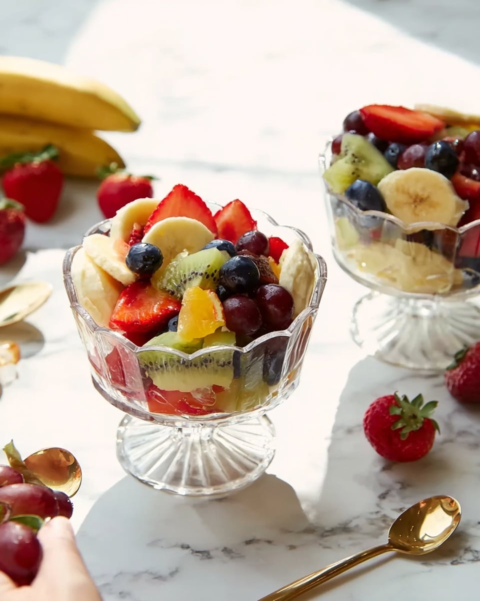 The image shows two clear glass dessert bowls filled with fresh fruit salad, placed on a white marbled surface. Each bowl has three layers of colorful fruits: the bottom layer has red and green grapes, the middle layer shows slices of banana and kiwi adding yellow and green hues, and the top layer is garnished with bright red strawberry halves, dark blue blueberries, and a piece of orange. The glass bowls have a scalloped edge and short pedestal base. A woman's hand holds a gold spoon beside the bowls, and scattered strawberries and grapes lie around the bowls on the white marbled surface. The scene is bright and fresh with natural light, photo taken with an iphone --ar 4:5 --v 7