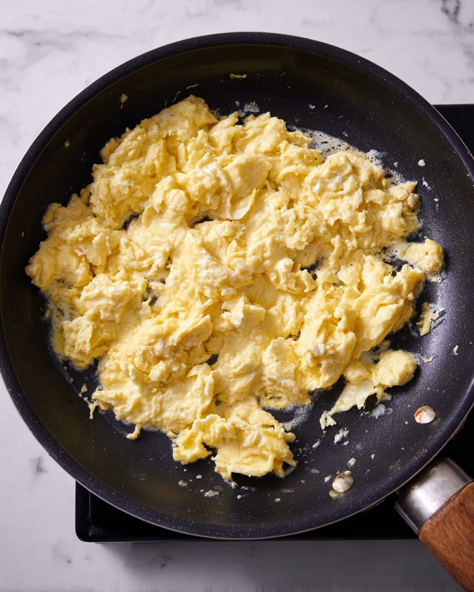 A black pan filled with scrambled eggs sitting on a stovetop with a white marbled surface visible around it. The eggs are light yellow with white curds mixed in, soft and slightly creamy in texture, spread evenly inside the pan. The pan has a handle with a wood-like brown grip, angled towards the top right. The eggs show little clumps and a gentle sheen from cooking, with some small bits of seasoning visible. The photo is bright and clear, focusing closely on the eggs inside the pan photo taken with an iphone --ar 4:5 --v 7