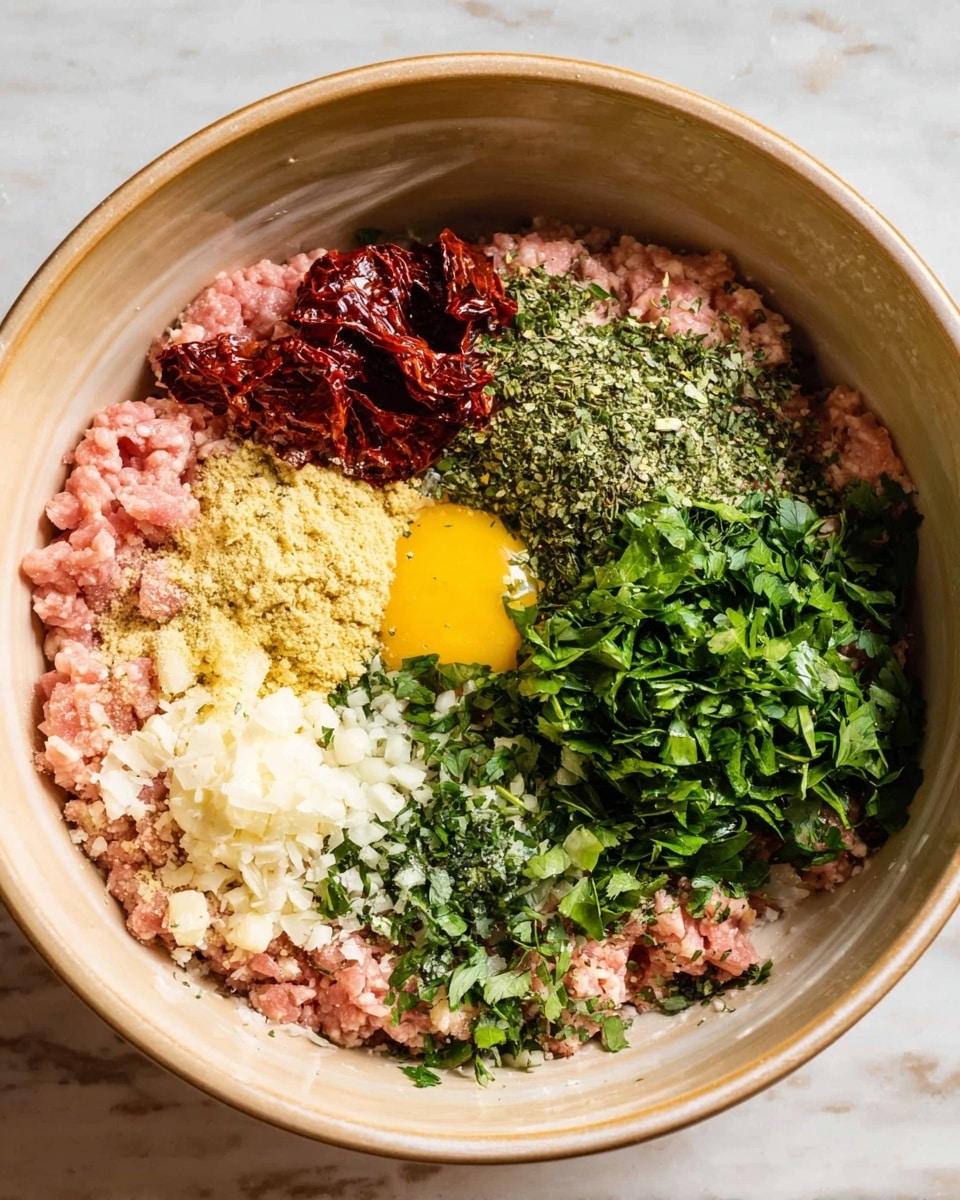 In a white bowl, layers of ingredients are arranged clearly without mixing. The bottom layer is light pink ground meat covering about half the bowl’s base. On the bottom side, near the center, a whole raw egg with a bright yellow yolk sits surrounded by white chopped cheese pieces. Next to the cheese on the right is a pile of fresh bright green chopped leafy herbs. Below the herbs and next to the egg is a smaller pile of pale minced garlic. On the left side of the meat, there is a mound of dark red sun-dried tomatoes. Close to the center, sprinkled over the meat, are small patches of green dried herbs, white granules of salt, and a light yellow powdery spice. The bowl is set on a white marbled surface. photo taken with an iphone --ar 4:5 --v 7