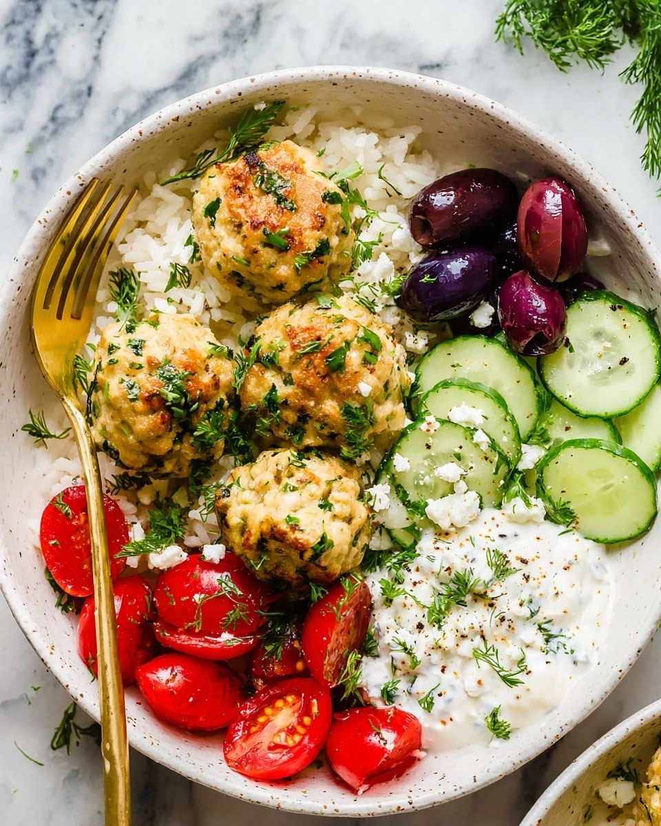 A white bowl filled with five light golden brown meatballs mixed with green herbs sitting on a bed of fluffy white rice. To the right of the meatballs are dark purple halved olives, and beside them are thin slices of pale green cucumber, all sprinkled with small bits of white cheese and fresh green herbs. On the bottom right, there is a dollop of creamy white sauce topped with finely chopped green parsley and ground black pepper. Bright red halved cherry tomatoes sit along the bottom edge, also sprinkled with white cheese crumbles and green herbs. A gold fork rests on the left side of the bowl on top of the rice, and the bowl sits on a surface with a white marbled texture. Photo taken with an iphone --ar 4:5 --v 7