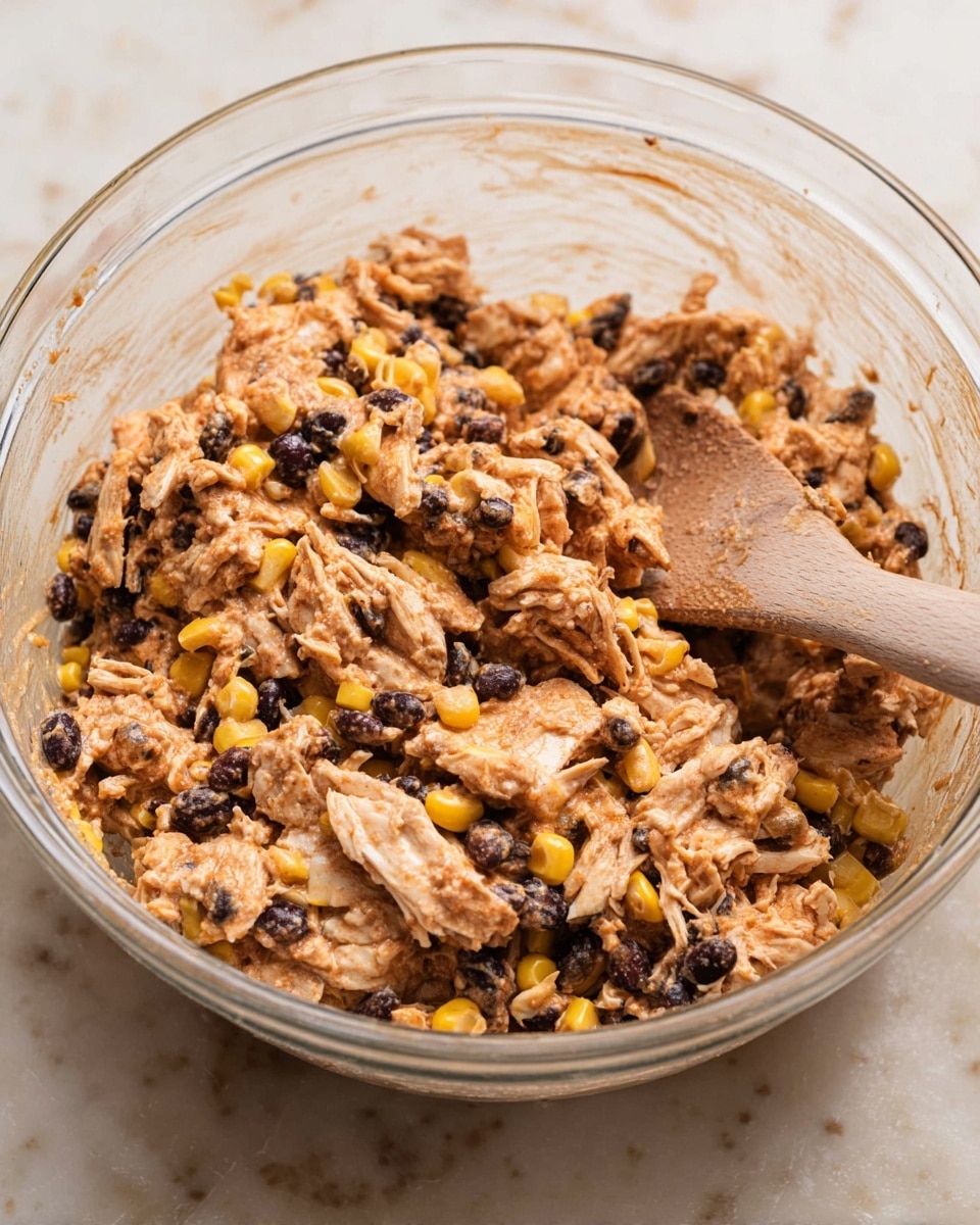 A clear glass bowl filled with a mixed dish containing shredded pieces of light brown chicken, yellow corn kernels, and small black beans, all coated in a creamy, slightly reddish sauce. There is a wooden spoon partially submerged in the mixture, resting on the right side of the bowl. The background surface is a white marbled texture. photo taken with an iphone --ar 4:5 --v 7