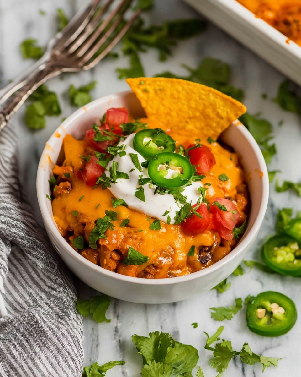 A white bowl holds layers of a rich, cheesy dish starting with a base of cooked meat and beans, topped with melted orange cheddar cheese forming a smooth, creamy layer. On top sits a dollop of white sour cream, garnished with a bright green slice of jalapeño pepper and chopped fresh green cilantro. Scattered around are small pieces of red tomato, adding a fresh, juicy contrast. Two yellow corn tortilla chips lean against the side of the bowl, standing out with their crisp texture. The bowl sits on a white marbled surface with some cilantro leaves and sliced jalapeño peppers around, next to a gray and white striped cloth and two metal forks. Photo taken with an iphone --ar 4:5 --v 7