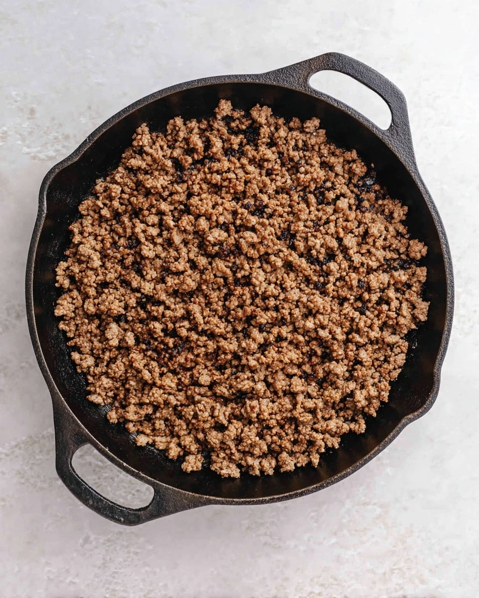 A black cast iron pan filled with one layer of cooked ground beef, with small brown pieces spread evenly across the pan's surface. The pan has two handles on opposite sides and rests on a white marbled texture. The ground beef’s texture looks crumbly with a mixture of light and darker brown colors. Photo taken with an iphone --ar 4:5 --v 7