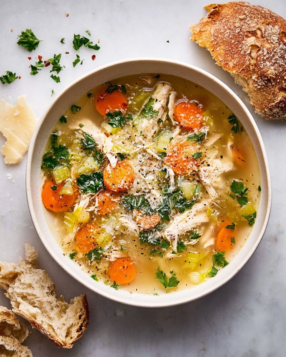 A white bowl filled with clear broth soup that has shredded white chicken pieces scattered on top, sliced bright orange carrot rounds, small diced light green celery, and sprinkled grated white cheese. Fresh dark green parsley leaves and small herbs float over the soup, with a dusting of black pepper adding detail. The bowl sits on a white marbled surface with two torn pieces of crusty brown bread placed nearby. Photo taken with an iphone --ar 4:5 --v 7