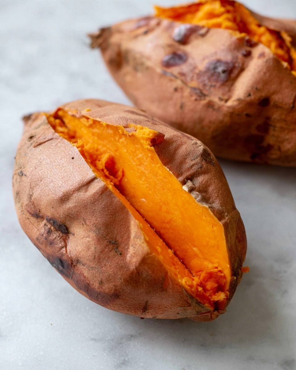 The image shows two roasted sweet potatoes on a white marbled surface, each with a rough light brown skin that has some dark spots and wrinkles. One sweet potato is placed slightly behind the other. The sweet potato in the front is sliced open down the middle, revealing a bright, smooth, and soft orange inside that looks moist and tender. The skin edges around the opening curl slightly outward. The overall look is warm and natural, with clear focus on the texture contrast between the rough outside and the soft inside photo taken with an iphone --ar 4:5 --v 7