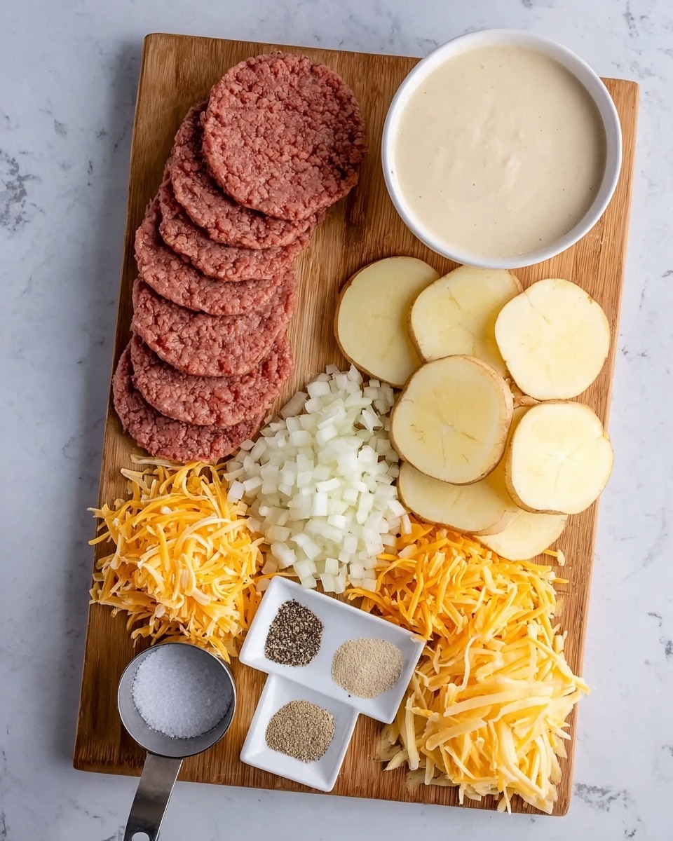 The image shows a wooden board placed on a white marbled surface with several ingredients arranged neatly. On the top right of the board, there are thinly sliced rounds of potato in two neat piles. Below the potatoes, there are two piles of shredded cheese, one white and one bright orange. To the left of the potatoes and cheese, there is a pile of finely chopped white onion. On the left side of the board, three uncooked rectangular patties of ground meat lie stacked. Next to the wooden board, there is a white bowl filled with a creamy sauce and a small white dish holding three mounds of seasoning: salt, black pepper, and a light brown spice, arranged in a small triangle. Below the board, a metal measuring cup containing salt is placed on the white marbled surface. photo taken with an iphone --ar 4:5 --v 7