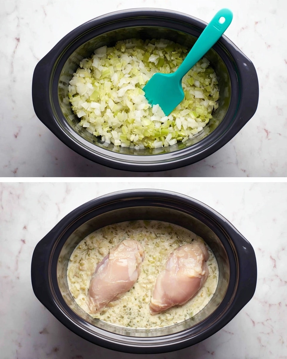 The first image shows a black oval slow cooker bowl filled with a layer of finely chopped light green and white celery and onions, with a turquoise spatula resting inside. The second image shows the same black slow cooker bowl, now with two raw pale pink chicken pieces placed on top of a creamy, slightly textured sauce with visible small bits of celery or onion, all on a white marbled surface. photo taken with an iphone --ar 4:5 --v 7