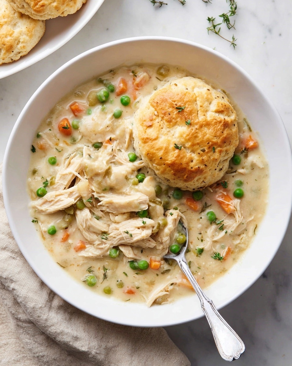 A white bowl filled with creamy chicken and vegetable stew, showing shredded white chicken pieces mixed with small, bright green peas and chopped orange carrots in a thick, pale sauce. On top of the stew sits a golden-brown, fluffy biscuit with a slightly crispy texture. A silver fork rests inside the bowl on the right side. The bowl is placed on a white marbled surface with a soft, beige cloth nearby, and a second biscuit is partially visible in the top left corner. photo taken with an iphone --ar 4:5 --v 7