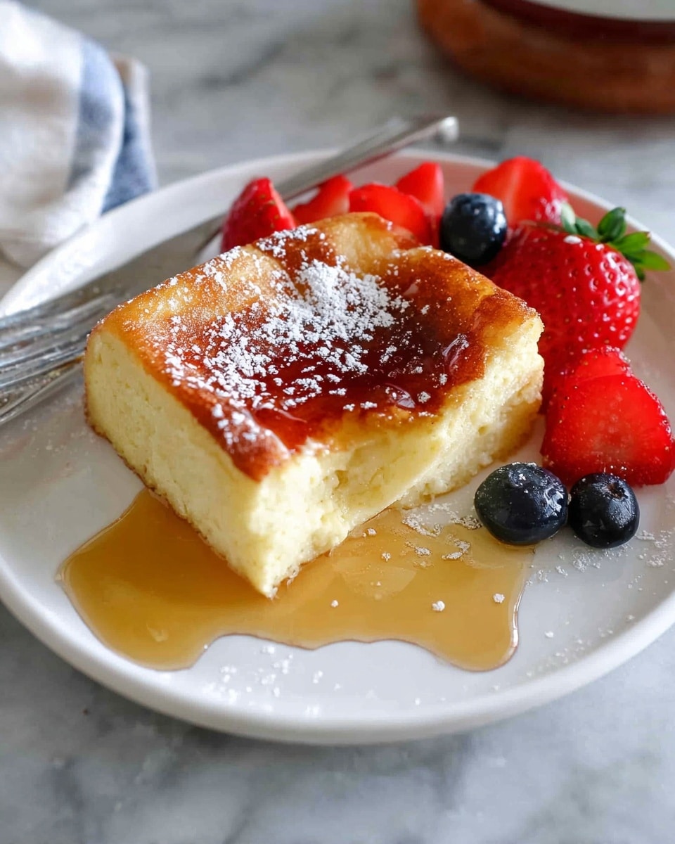A white plate holds a thick square slice of golden-brown baked pancake with a slightly raised edge, covered in a shiny layer of syrup pooling around it and sprinkled with white powdered sugar. To the right of the pancake slice, there are fresh, whole and sliced red strawberries along with a few small dark blueberries. A silver fork rests next to the pancake on the left side, with syrup dripping onto the plate. The plate sits on a white marbled surface. Photo taken with an iphone --ar 4:5 --v 7