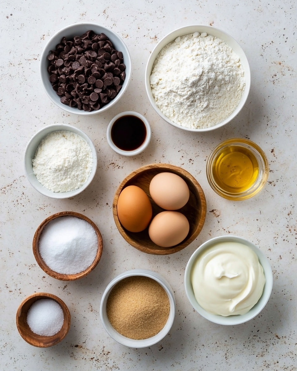 A top-down view showing nine containers of baking ingredients arranged on a white marbled texture. At the top left, a white bowl is filled with dark chocolate chips. Center top features a white bowl with white flour, and to its right is a small white bowl with dark brown liquid, likely vanilla extract. To the right, a white bowl holds fine white sugar. Below the chocolate chips, three brown eggs rest on a round light wooden plate. Near the bottom left, two small wooden bowls contain white powder (likely baking powder) and salt. Center bottom is a white bowl with creamy white yogurt, and next to it on the right is a small white bowl with light brown sugar. Above the yogurt is a small clear glass bowl with golden liquid, perhaps oil or honey. All items are well lit, clean, and neatly spaced. Photo taken with an iphone --ar 4:5 --v 7