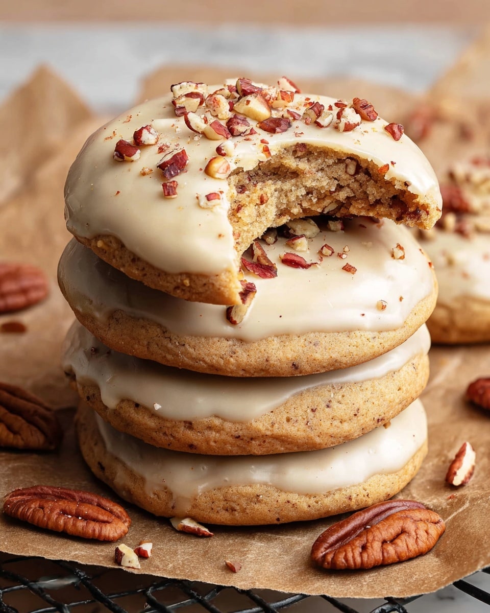 A stack of four light brown cookies sits on crinkled brown parchment paper over a black wire rack, placed on a white marbled surface. Each cookie is topped with smooth, pale cream-colored icing, and the top cookie, which has a large bite taken out of it, shows a soft, crumbly inside with bits of pecan visible. The top layer of icing is sprinkled with small pieces of chopped pecans, adding texture and a reddish-brown color contrast to the pale icing. More scattered chopped pecans and whole pecan halves surround the base of the cookie stack. photo taken with an iphone --ar 4:5 --v 7