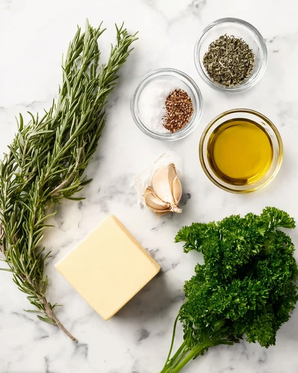 The image shows six cooking ingredients laid out on a white marbled surface. On the left side, there is a long green sprig of fresh rosemary with needle-like leaves. Next to it, there is a small bulb of garlic with its skin partly peeled. In the middle, a square piece of light yellow butter is placed flat. Above the butter, there are three small clear bowls: one with white salt, one with a mix of crushed black and brown spices, and one with dark grey dried herbs. To the right side near the bottom, a bunch of fresh green parsley with curly leaves is visible, and above it, a small clear bowl contains golden yellow olive oil. The image is viewed from above and no woman’s hand is visible. Photo taken with an iphone --ar 4:5 --v 7