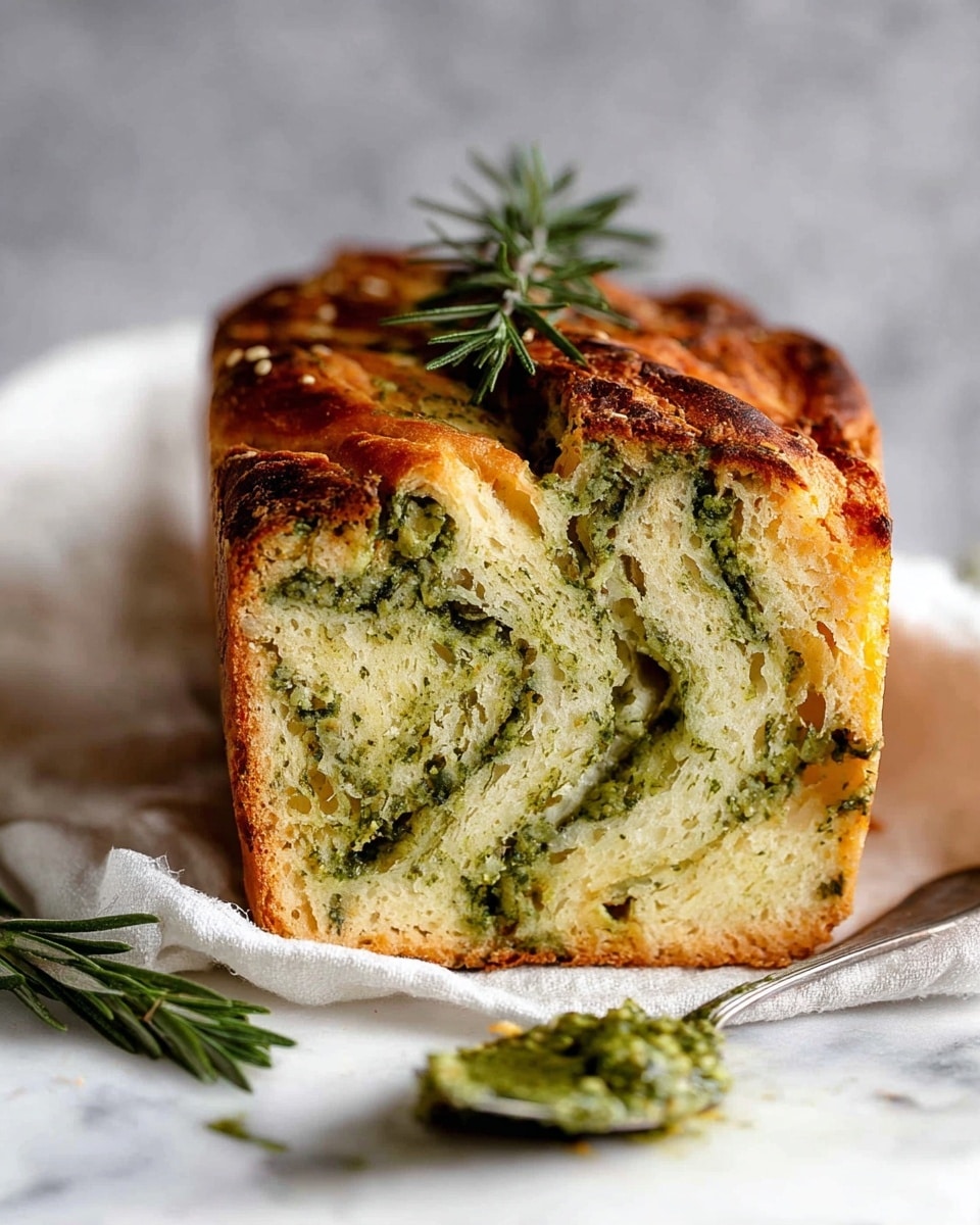 A loaf of bread is shown standing upright displaying three visible layers. The bread is light golden with a soft texture. Green pesto sauce swirls through the middle and upper sections, creating wavy patterns inside the bread. The crust is a darker brown with a slightly shiny baked top. A small sprig of rosemary rests on top of the bread while another sprig lies on the white marbled surface below. A white cloth partially covers the surface, and a silver spoon with green pesto sits next to the loaf. Photo taken with an iphone --ar 4:5 --v 7