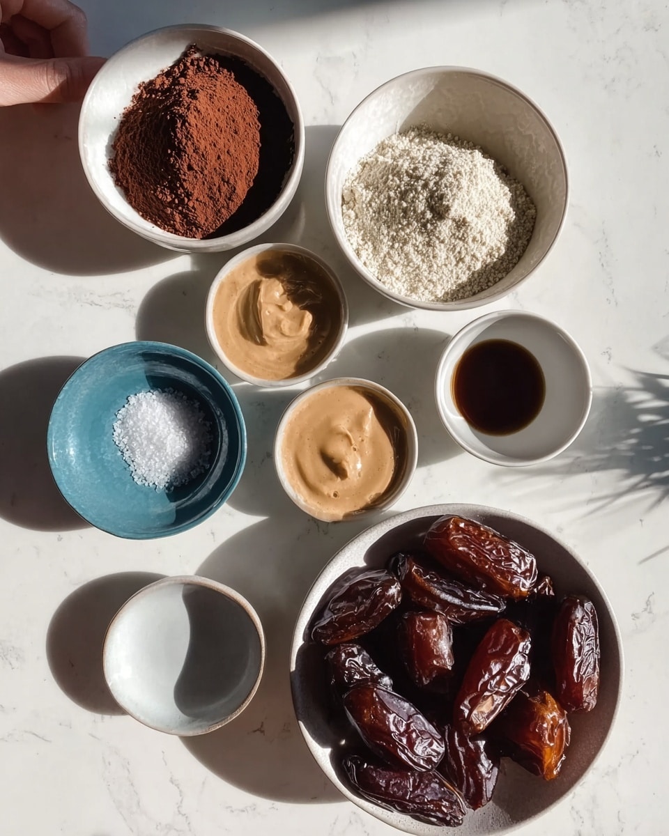 The image shows six small white bowls arranged on a white marbled surface. In the top row, from left to right, there is a white bowl with dark brown cocoa powder that has a soft, powdery texture; next, a white bowl filled with light beige flour showing a slightly coarse texture. In the middle row, a white bowl contains a smooth light brown creamy substance, and beside it a small white cup holds a dark liquid, likely vanilla extract. In the bottom left, a blue bowl holds fine white salt crystals. Finally, in the bottom right, a larger white bowl is filled with shiny, dark brown dates piled in a loose heap. A woman's hand enters the frame from the left, partly touching the bowls. The bright natural light casts soft shadows across the scene. photo taken with an iphone --ar 4:5 --v 7