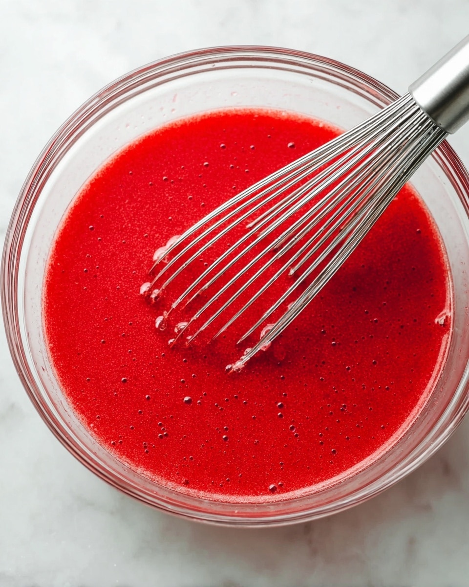 A clear glass bowl filled with a smooth, bright red liquid, with tiny bubbles scattered inside, is placed on a white marbled surface. A shiny stainless steel whisk is partially dipped into the liquid on the right side of the bowl, its wires coated with the red mixture. The bowl's round shape and the vibrant red color of the liquid stand out against the soft white marbled background, creating a fresh and clean visual. photo taken with an iphone --ar 4:5 --v 7