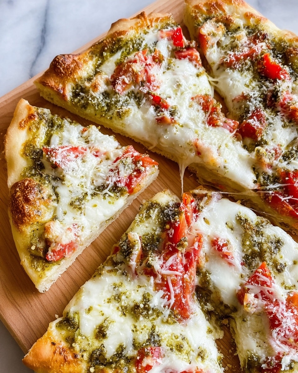 The image shows several slices of pizza on a wooden board. Each slice has a thick, golden crust with a slightly crispy edge. The base layer is melted white cheese spreading smoothly over the dough. On top of the cheese, there are scattered chunks of red tomato and patches of green pesto sauce, creating a colorful contrast. There are also bits of white cheese sprinkled over the top, giving a slightly grainy texture. The pizza looks fresh and warm with strings of cheese stretching between slices. The background is a white marbled texture. Photo taken with an iphone --ar 4:5 --v 7