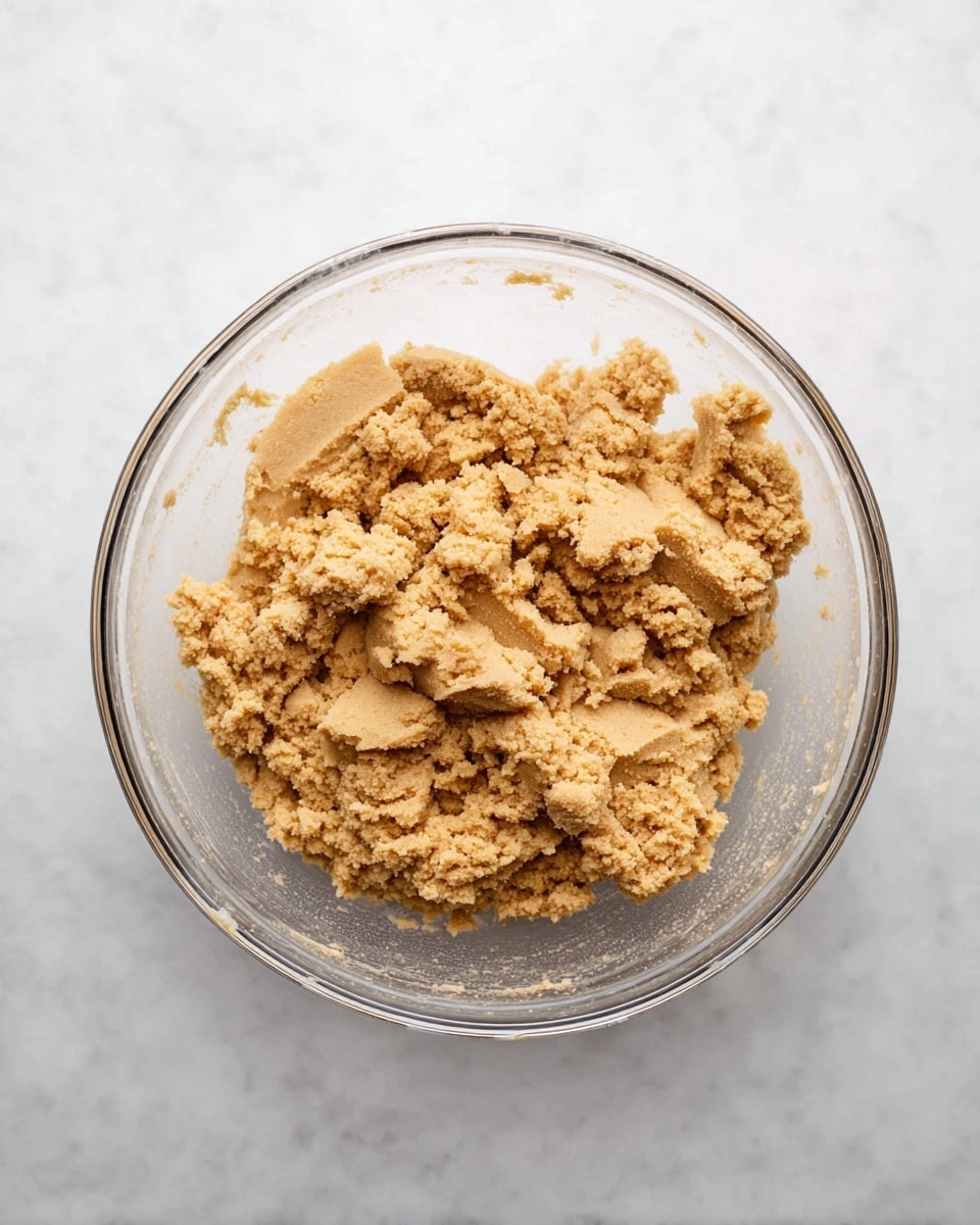A clear glass bowl sits on a white marbled surface, filled with a dense, rough-textured dough that is light brown in color. The dough appears to be thick and crumbly, with uneven clumps and small chunks packed together evenly inside the bowl. The top surface of the dough is slightly jagged and irregular, showing distinct marks where it has been pressed or gathered. photo taken with an iphone --ar 4:5 --v 7