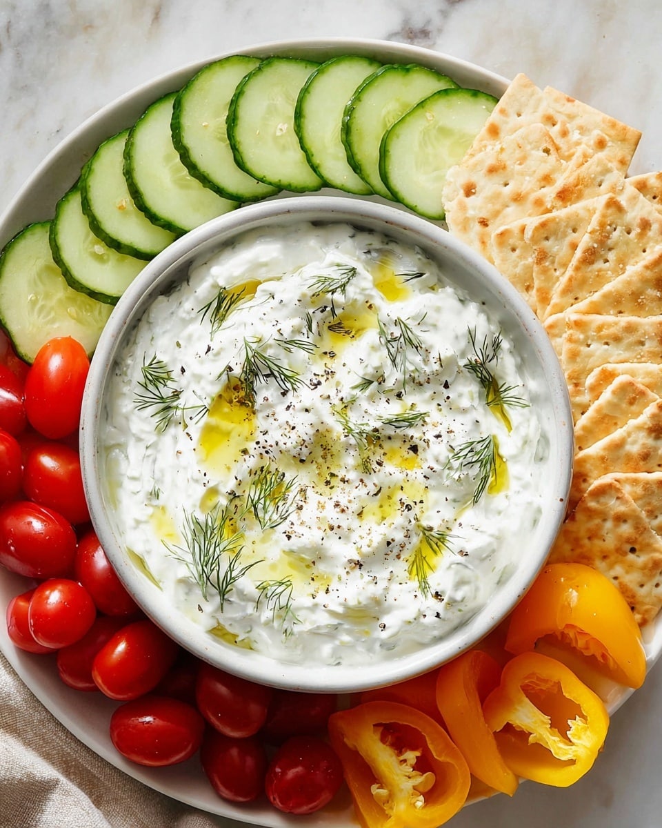 A white bowl filled with thick white dip is in the center, topped with sprigs of green dill, black pepper specks, and drizzles of golden olive oil. Around the bowl, the white plate holds thick green cucumber slices arranged in a fan shape on the upper left, light golden crackers stacked on the upper right, bright red grape tomatoes clustered at the bottom left, and half-cut orange and yellow mini bell peppers with visible seeds at the bottom and lower right. The whole setup is placed on a white marbled surface. Photo taken with an iphone --ar 4:5 --v 7