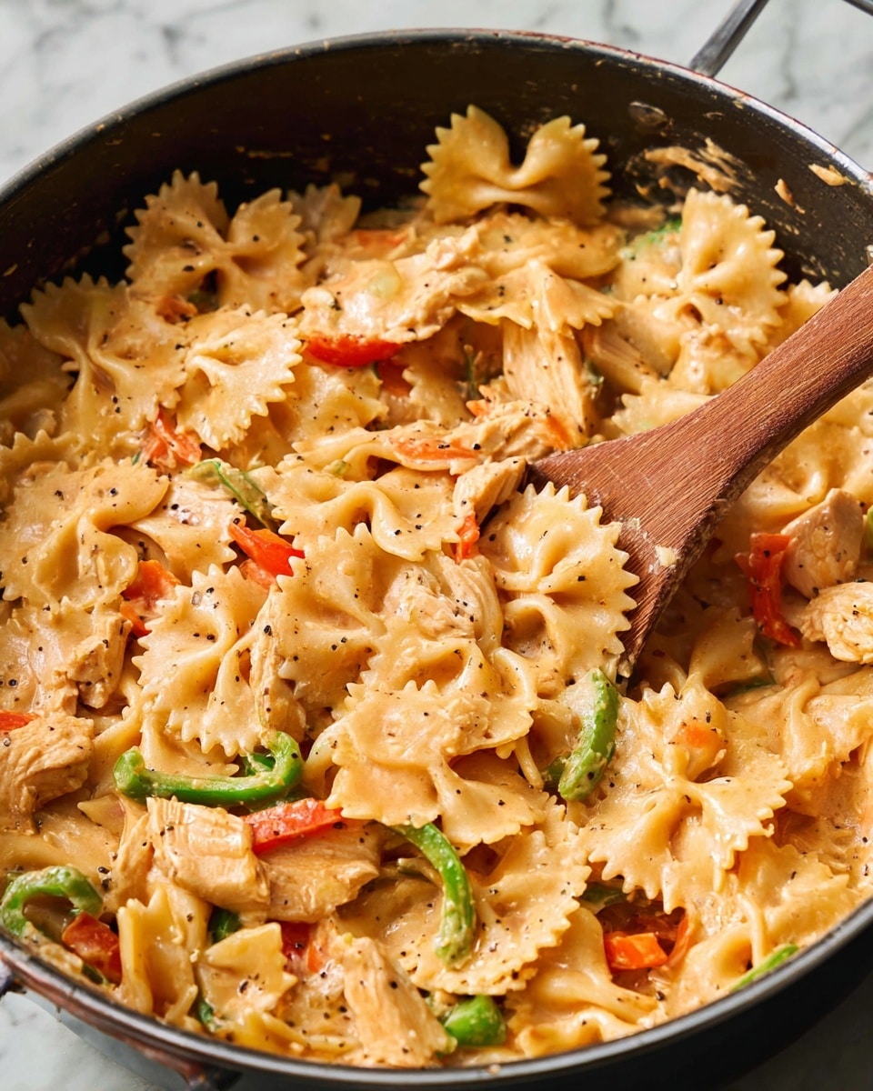 A large pan holds a creamy pasta dish with farfalle noodles coated in a light orange sauce. Pieces of light brown cooked chicken are mixed evenly throughout, along with bright green and orange bell pepper slices adding color contrast. The sauce looks smooth and glossy, clinging to each pasta piece, with a few black pepper specks sprinkled on top. A wooden spoon is partly visible, stirring the mixture. The pan sits on a white marbled surface. photo taken with an iphone --ar 4:5 --v 7