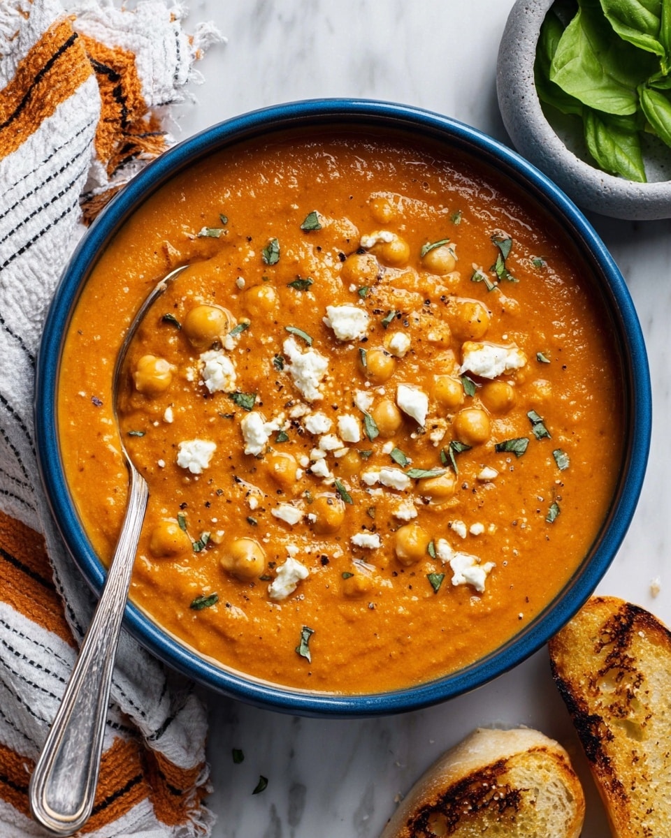 A deep blue bowl filled with thick orange soup that has a smooth, creamy texture with visible chickpeas and small bits inside. On top, there are white crumbled cheese pieces and small green herb sprinkles scattered evenly. A silver spoon rests inside the bowl on the left side. The bowl is placed on a white marbled surface with two pieces of toasted bread on the right. A small gray bowl with fresh green basil leaves sits to the top left, next to a white cloth with orange and black stripes. Photo taken with an iphone --ar 4:5 --v 7