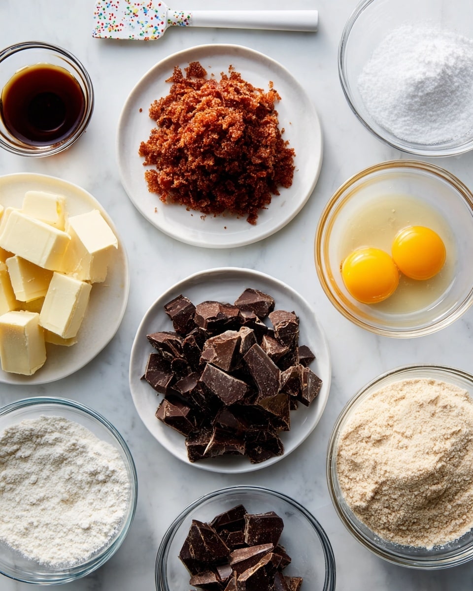 The image shows several small white plates and clear glass bowls arranged on a white marbled surface, each holding different baking ingredients. At the top center is a white plate with a pile of reddish-brown crispy flakes. To its left is a small clear glass bowl with dark brown liquid, and below it a larger clear glass bowl with two raw eggs showing bright yellow yolks and clear whites. Below on the left is a white plate holding chunks of pale yellow butter. At the bottom center is a white plate full of large, uneven dark brown chocolate chunks. On the right side, two clear glass bowls contain mixtures of white granulated sugar with light brown sugar on top, and plain white flour respectively. A white spatula with colored specks rests on the top left side of the surface. Photo taken with an iphone --ar 4:5 --v 7