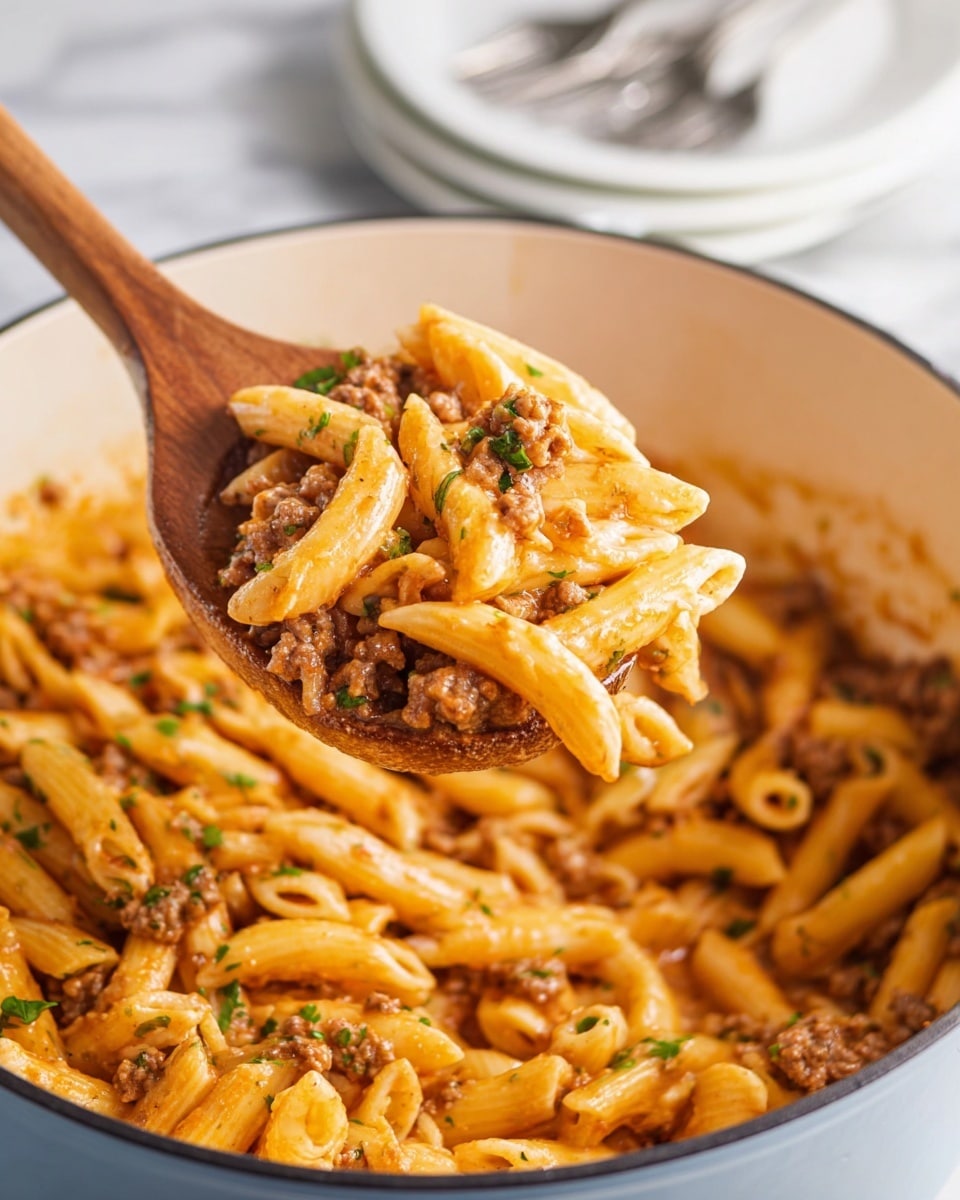 The image shows a large white pot filled with cooked penne pasta mixed with small pieces of brown cooked meat and a light orange sauce coating the pasta. Green herb pieces are sprinkled throughout for color. A wooden spoon lifts a portion of the pasta mixture above the pot, showing the textured tube-shaped pasta and minced meat clearly. The pot is placed on a white marbled surface with some white plates and utensils blurred in the background. photo taken with an iphone --ar 4:5 --v 7