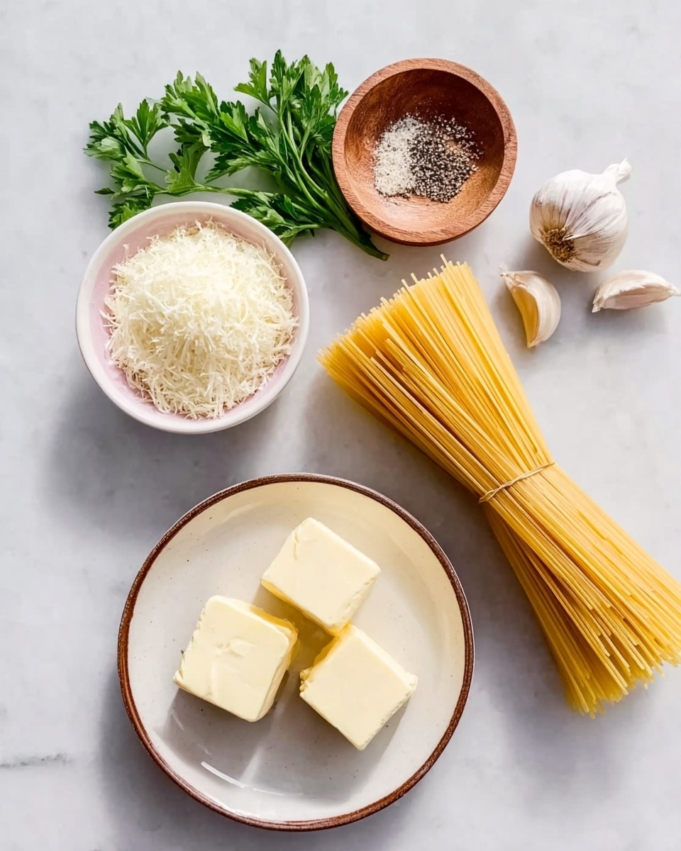 The image shows four main items arranged on a white marbled surface. At the bottom center, there is a white plate with a brown rim holding four small, square pieces of pale yellow butter. To the right of the plate is a neatly tied bundle of uncooked yellow spaghetti. Above the butter plate, there is a small round wooden bowl containing a mix of white salt and black pepper. To the left side, there is a pink-rimmed white bowl filled with finely grated Parmesan cheese. At the top left corner, there is a small bunch of fresh green parsley. Near the center top, two unpeeled garlic cloves lay side by side. Photo taken with an iphone --ar 4:5 --v 7