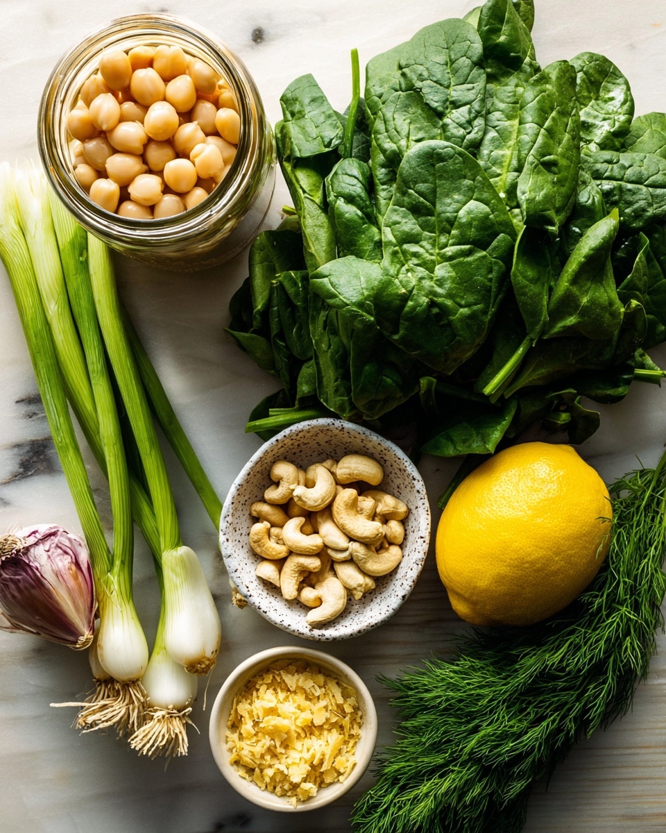 A top-down view shows a collection of fresh ingredients neatly arranged on a white marbled surface. On the left, there is a glass jar filled with round, light tan beans in liquid. Next to the jar, several long green onions with white bases lie horizontally. Beside them, a large bunch of dark green spinach leaves with a textured surface is placed. In front of the spinach, a small white speckled bowl holds light beige cashew nuts, and next to it, a smaller bowl contains finely crumbled yellow flakes. Near the bowls, a whole yellow lemon and a single bulb of garlic with purple stripes rest on the surface. A small bunch of bright green dill is also visible to the right of the spinach. The colors are vibrant, with fresh greens, soft yellows, and natural nut tones. photo taken with an iphone --ar 4:5 --v 7