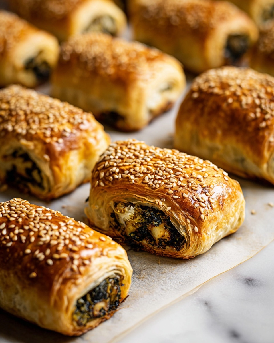 The image shows several golden-brown pastry rolls arranged in rows on white parchment paper over a white marbled surface. Each roll has a flaky outer layer with a crisp texture, topped with toasted sesame seeds scattered on top. Inside, the filling is greenish-black, mixed with light beige chunks, visible from the open ends of the rolls. The pastries are evenly spaced, with the front roll in sharp focus, showing the layered puff pastry wrapping around the savory filling. photo taken with an iphone --ar 4:5 --v 7