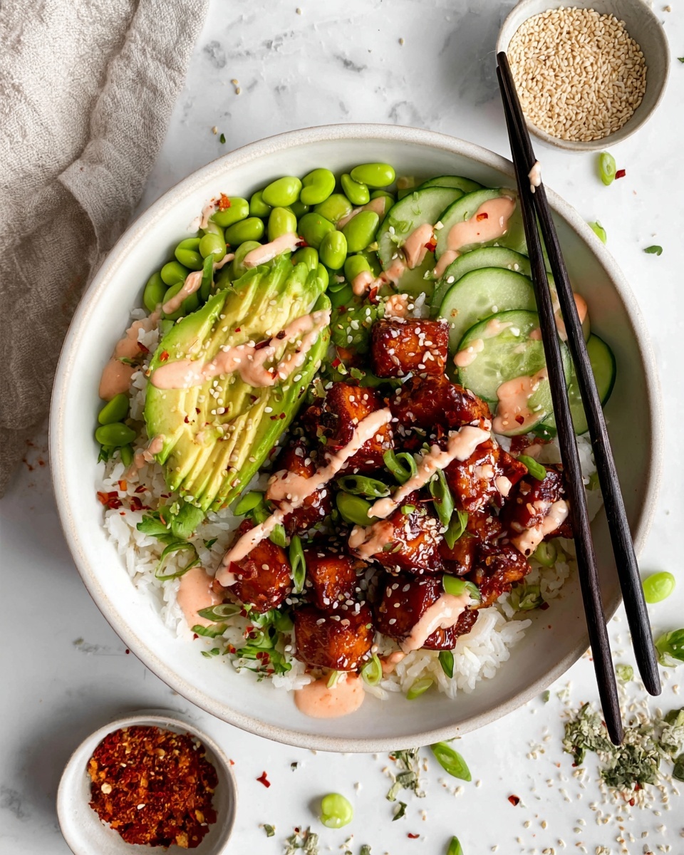 A white bowl filled with white rice as the base layer, topped with bright green edamame beans scattered on top. On one side, there are thick slices of pale green avocado with a smooth texture, drizzled with a light pink creamy sauce. Next to the avocado are thinly sliced cucumber pieces, fresh and light green. The main layer features dark brown, caramelized cubes of tofu with a slightly shiny, sticky glaze. The dish is sprinkled with white sesame seeds and small red chili flakes. Black chopsticks rest on the side of the bowl, which sits on a white marbled surface with small bowls of sesame seeds and chili flakes around it, along with some scattered herbs and spices. photo taken with an iphone --ar 4:5 --v 7