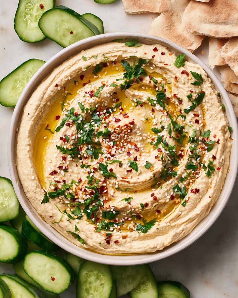 The image shows a white bowl filled with creamy beige hummus that has been swirled around, creating a textured surface with small ridges and valleys. A thin layer of golden olive oil pools in the center and along the grooves of the hummus. The top is sprinkled with white sesame seeds, bright green chopped parsley leaves, and small red chili flakes scattered evenly across the surface. Around the bowl on a white marbled surface are fresh cucumber spears with dark green skin and light green flesh, and pieces of light beige flatbread. Photo taken with an iphone --ar 4:5 --v 7