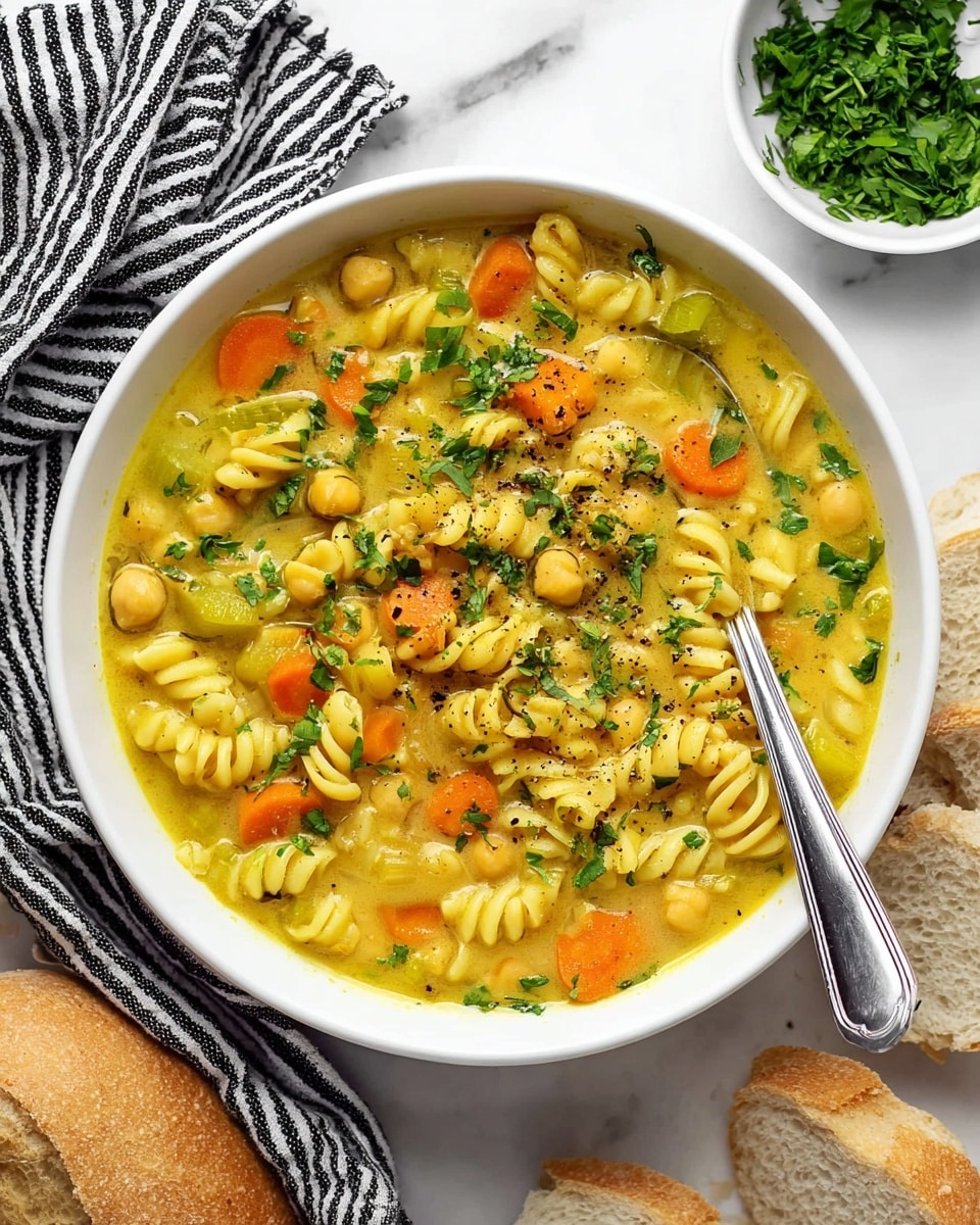 A white bowl is filled with a thick yellow soup containing spiraled pasta noodles, chickpeas, sliced orange carrots, and small pieces of green celery. The soup is sprinkled with chopped fresh green herbs and a dash of black pepper on top. A silver spoon rests on the right side inside the bowl. The bowl is placed on a white marbled surface with a black and white striped cloth nearby and some slices of light brown bread around the bowl. There is also a small white bowl filled with chopped green herbs in the upper part of the image photo taken with an iphone --ar 4:5 --v 7