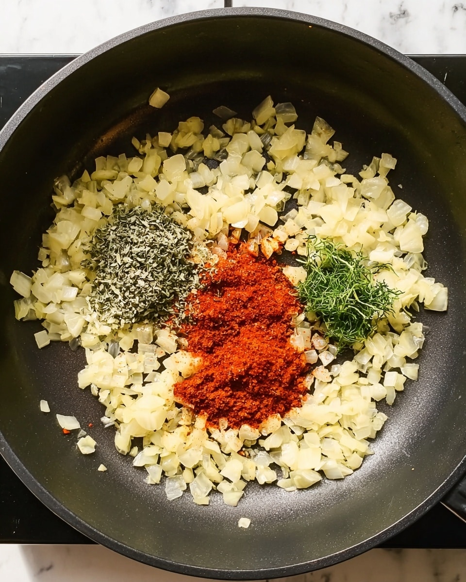 Inside a round black pan, there is one main layer of small chopped onions that are light yellow and look soft, spread all over the pan. On top of the onions, near the center, there are three small piles of herbs and spices: one pile of green leafy herbs on the left, another small bunch of thin green herbs on the right, and a pile of bright red powdered spice just below the herbs. The pan sits on a black cooking surface, and the background is a white marbled texture. photo taken with an iphone --ar 4:5 --v 7