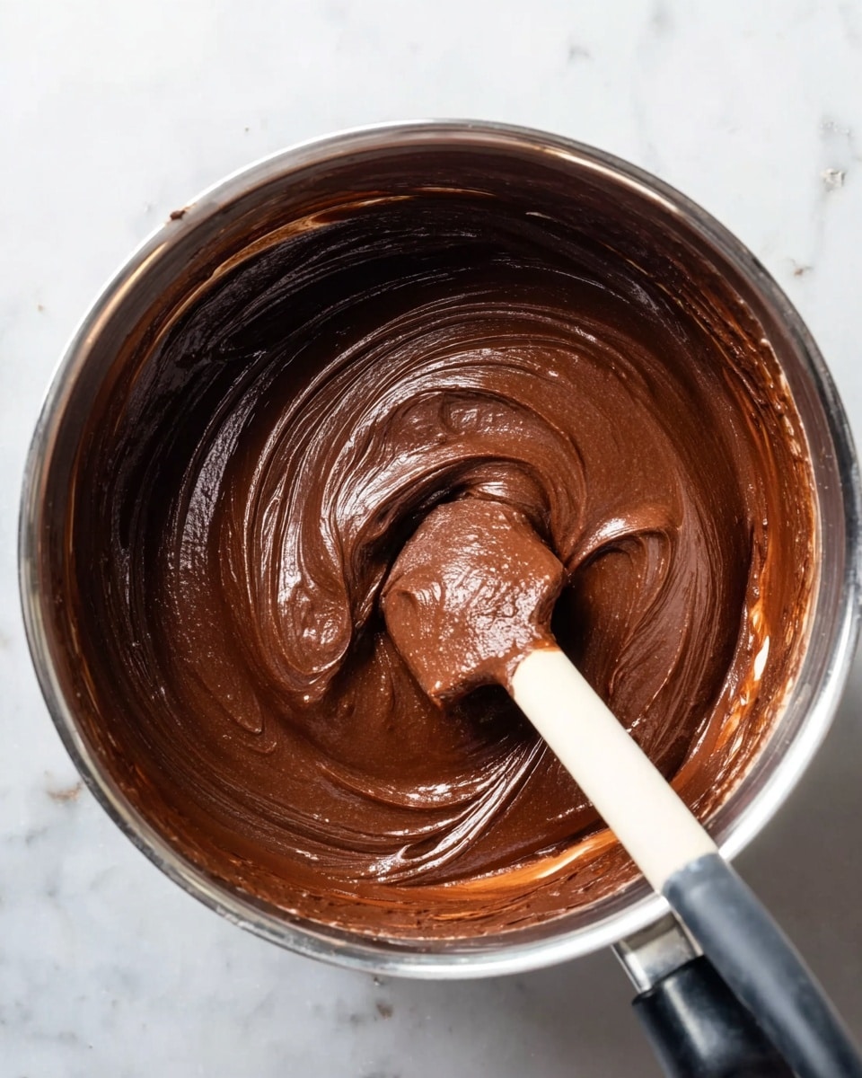 A close-up view inside a shiny silver pot filled with smooth, dark brown chocolate batter. A white spatula with a black handle is stirring the thick, glossy mixture, leaving swirled patterns on the surface. The pot sits on a white marbled surface. The scene shows the rich texture of the chocolate batter, which looks creamy and dense. photo taken with an iphone --ar 4:5 --v 7