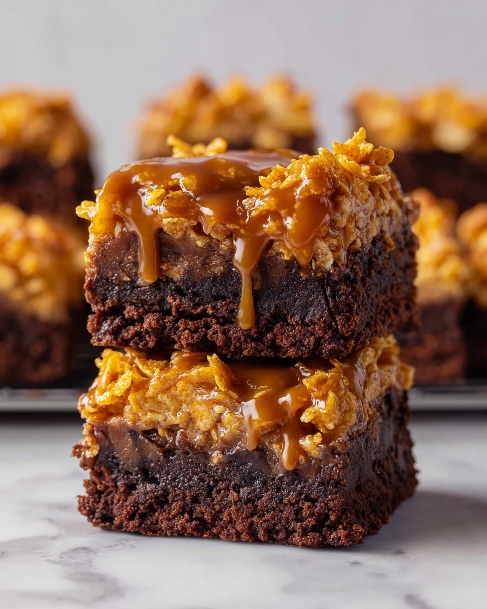 The image shows two stacked brownies, each with two layers: a thick, dark brown, dense brownie base and a top layer of golden, crispy corn flakes coated in a shiny, amber caramel sauce that drips slightly down the sides. The brownies sit on a flat white marbled surface, with several more brownies blurred in the background. The textures contrast between the soft brownie and the crunchy, sticky topping. The photo taken with an iphone --ar 4:5 --v 7