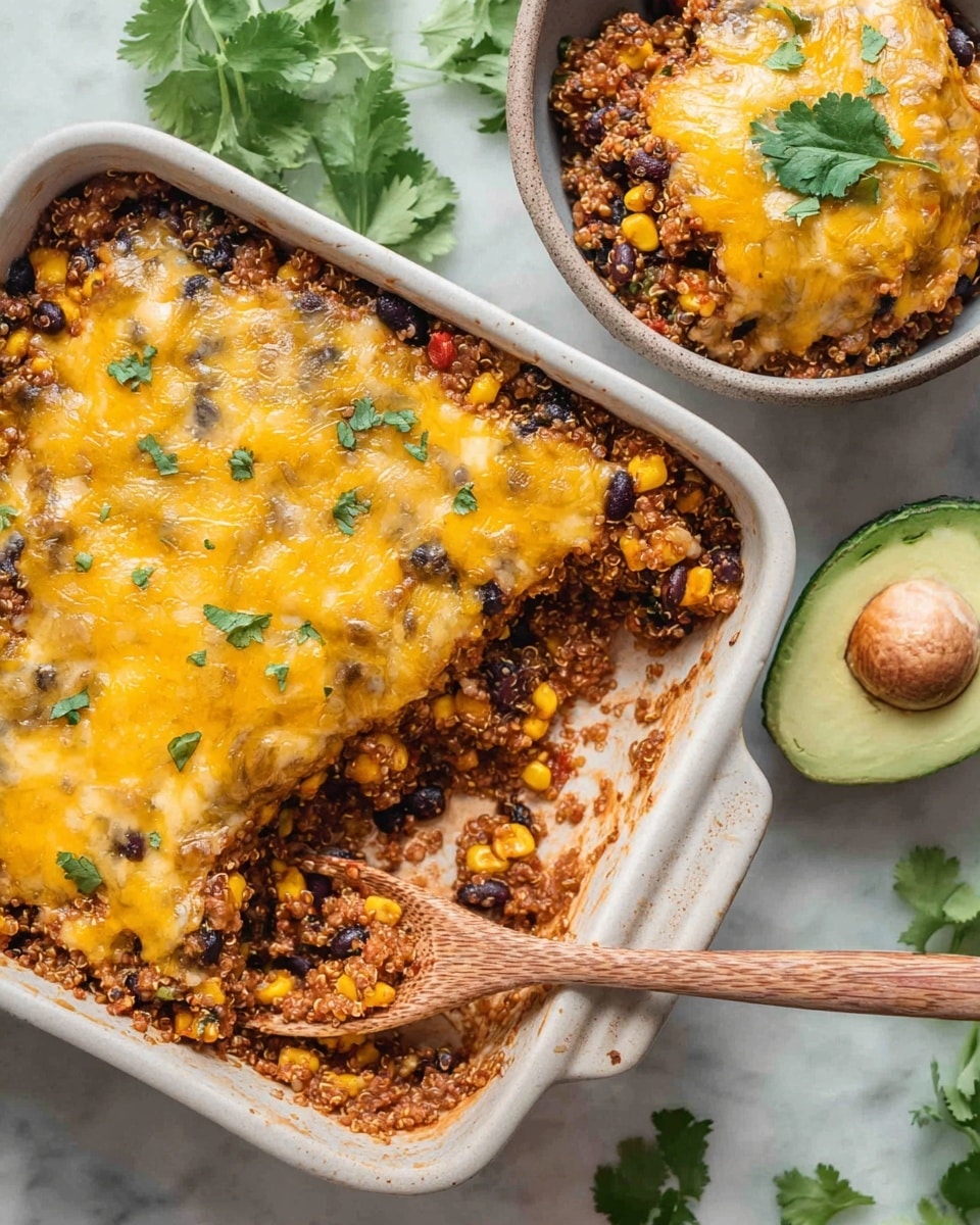A white baking dish shows a baked quinoa casserole with two layers: the bottom layer is a mix of cooked quinoa, black beans, and yellow corn, all evenly blended and slightly browned at the edges; the top layer consists of melted golden yellow cheese covering part of the dish, sprinkled with small green cilantro leaves. A wooden spoon is scooping one portion from the dish, showing the textured quinoa and beans underneath the cheese. Next to the baking dish is a gray bowl holding a serving of the same casserole with a melted cheese topping and a small cilantro leaf on top. The setting includes half a green avocado with its pit exposed and some fresh cilantro leaves scattered around on a white marbled surface. Photo taken with an iphone --ar 4:5 --v 7