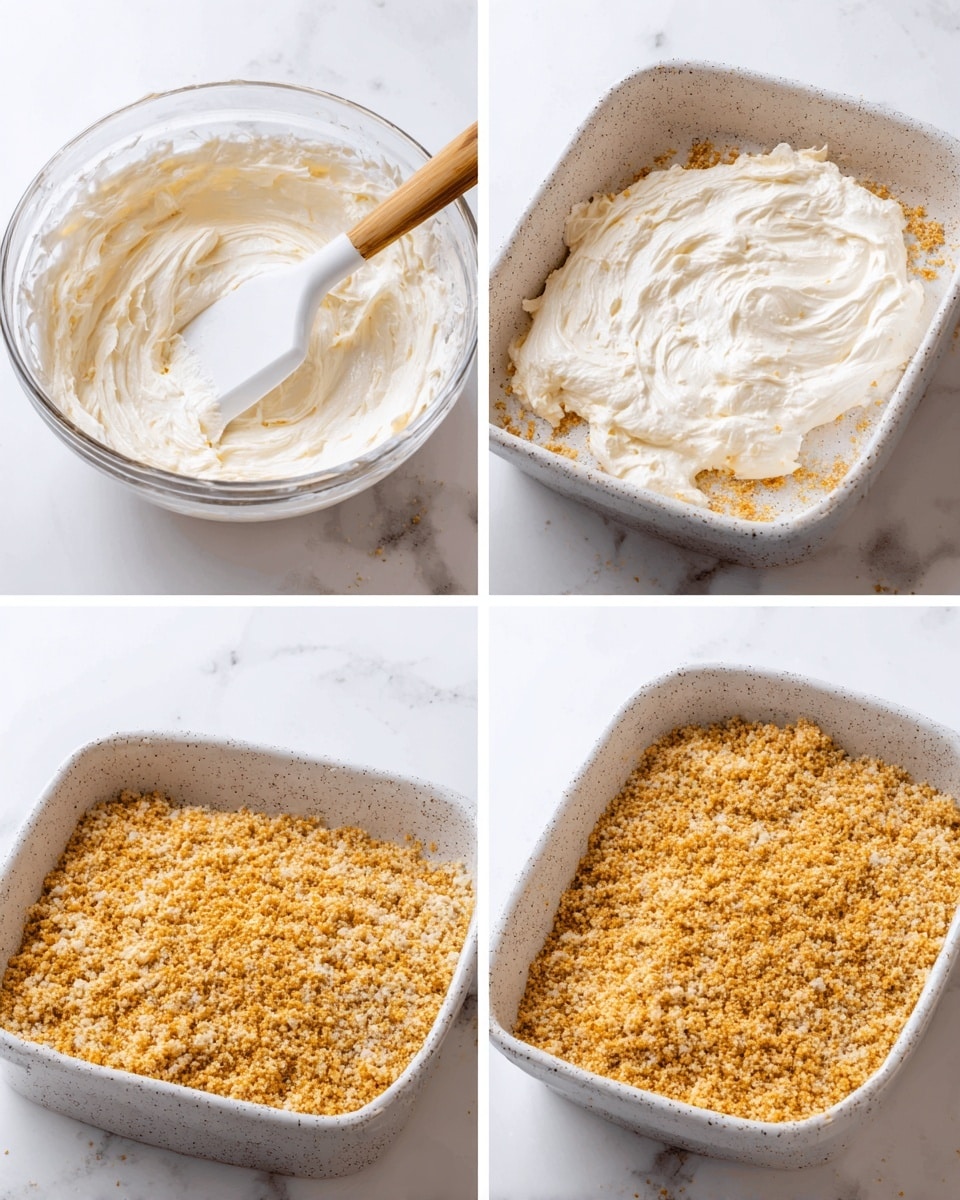 The image shows a four-step process of preparing a dish. The first layer is a creamy, thick, and lumpy white mixture in a clear bowl with a white silicone spatula resting inside. The second layer is that same mixture spread evenly inside a white speckled oven dish on a white marbled surface. The third layer is a golden brown crumbly topping mixture in a clear bowl, with a white silicone spatula inside. The fourth layer is the crumbly topping spread evenly over the creamy white layer inside the white speckled oven dish, all placed on a white marbled surface. Photo taken with an iphone --ar 4:5 --v 7