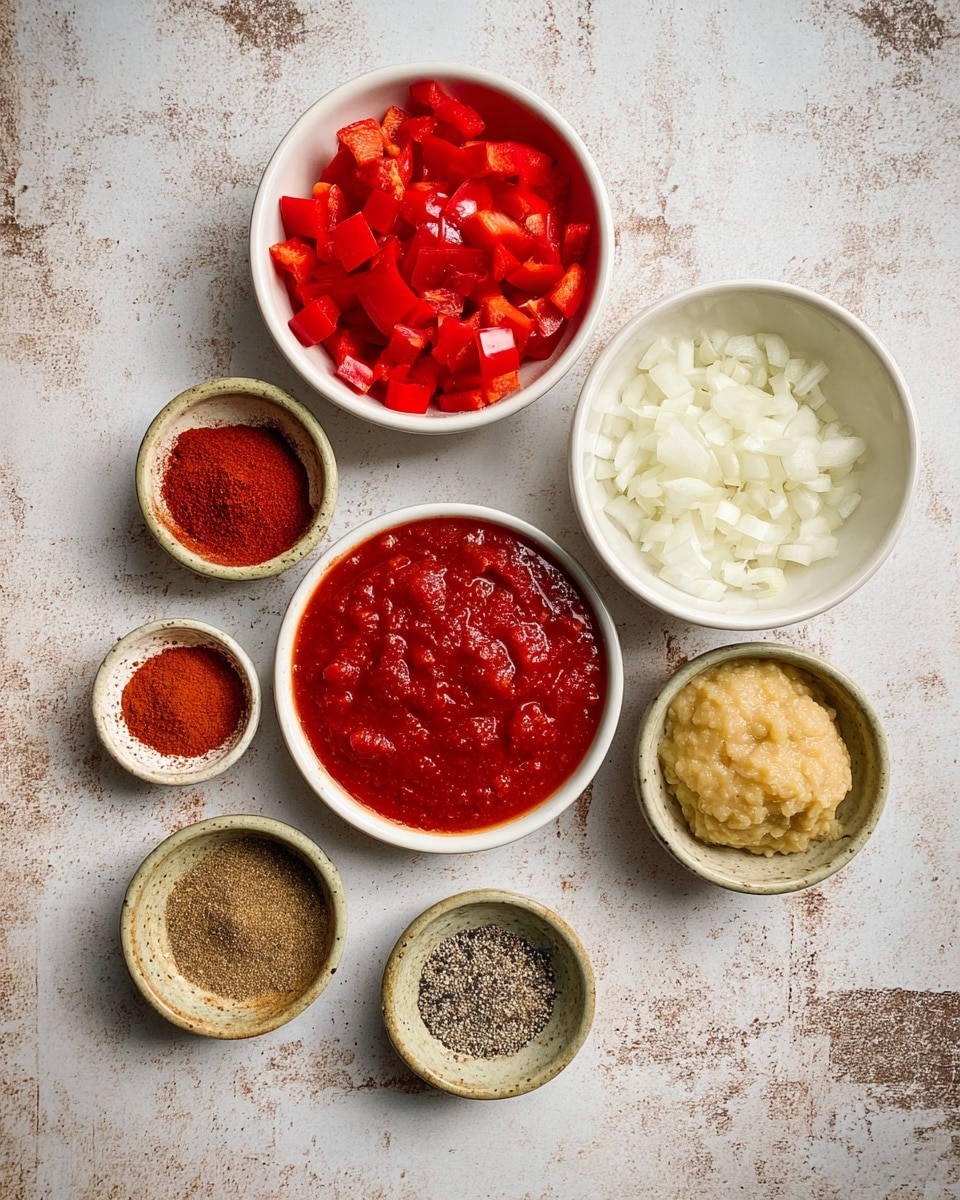The image shows a top view of various ingredients placed separately on a table with a white marbled texture. There are six small white bowls arranged loosely in a circle: one filled with bright red chopped bell peppers, one with finely chopped white onions, another with a smooth rich red tomato sauce, and one with a thick pale yellow minced garlic paste. Around these, three small white bowls contain different ground spices two bowls have paprika powder of different shades of red, one has ground cumin, and another has a mix of salt and black pepper split evenly. The bowls have a rustic look, and the colors of the ingredients stand out clearly against the neutral white marbled background. photo taken with an iphone --ar 4:5 --v 7