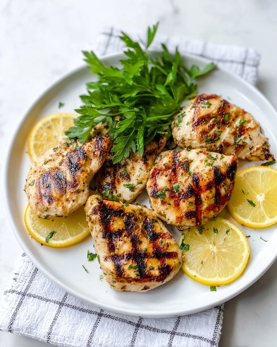 A white plate holds five grilled chicken pieces with clear dark grill marks, arranged in a loose cluster. Around the edges of the plate are five thin lemon slices with a pale yellow color. On top of the chicken, there is a bunch of bright green fresh parsley leaves, adding color and freshness. The background shows a white marbled texture with a white and gray checkered cloth partially visible under the plate. The chicken pieces have light golden brown tones with some darker spots from grilling, and small bits of green herbs are sprinkled over them. Photo taken with an iphone --ar 4:5 --v 7